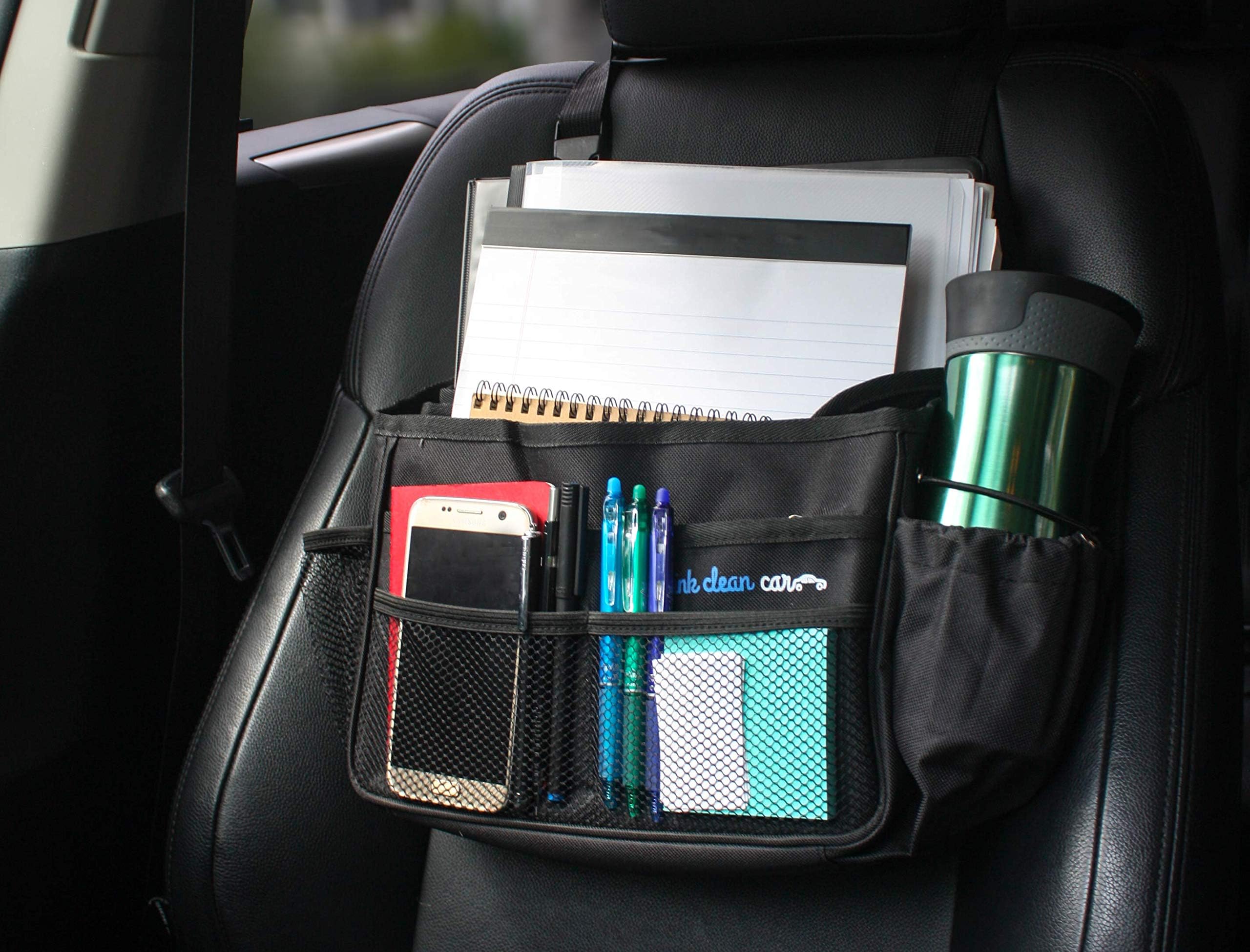 Think Clean Car Front Seat Organizer (Black -13.8" x 11.5") Mid-Sized Auto Storage for Files, Laptop, Table and Cell Phone | Heavy-Duty Strap and Secure Buckle