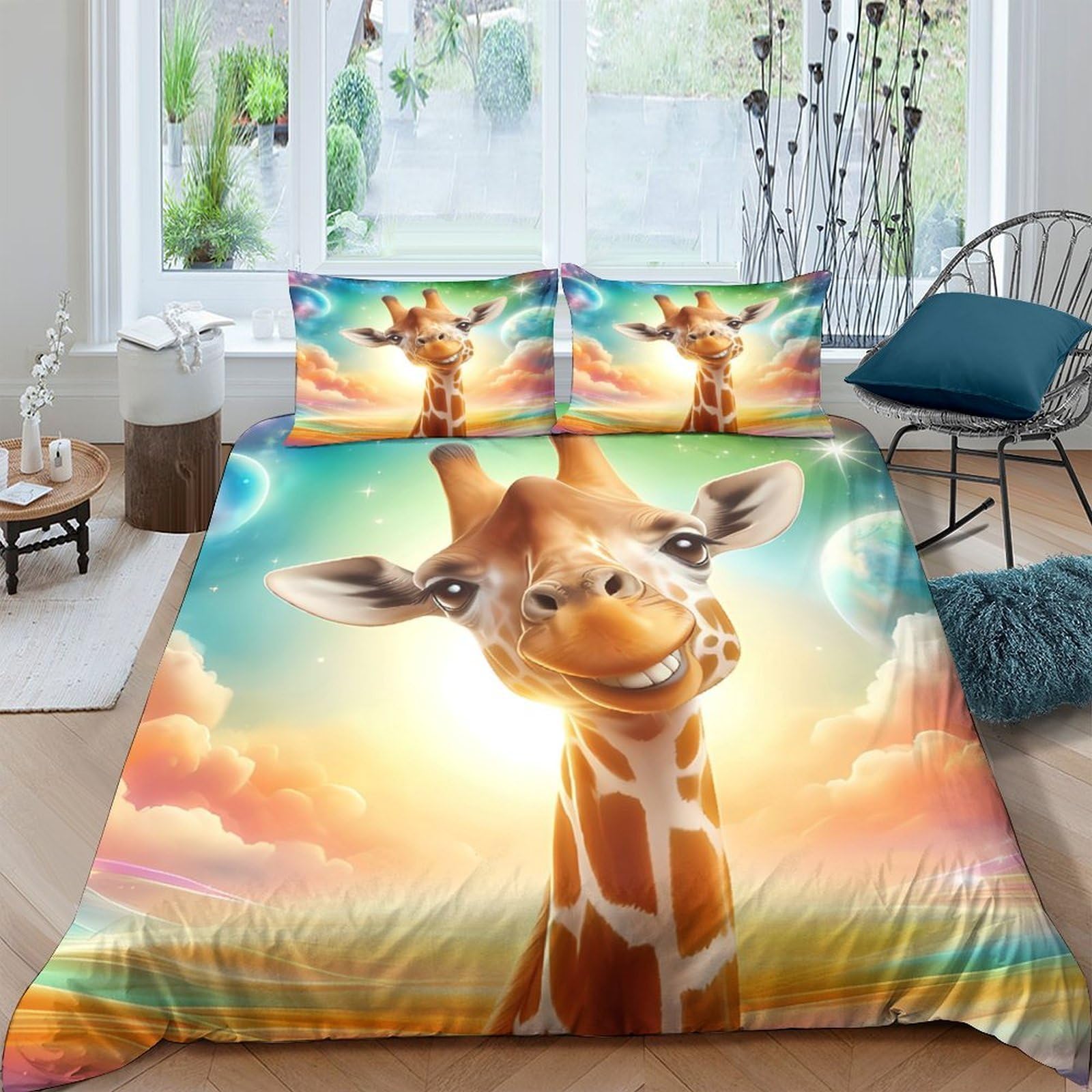 Ctjqhvkz Style-7 3D Printed Smiling Giraffe Fitted Sheet Microfiber Soft Vibrant Sunset Savannah Bed Cover For Bedroom Dorm Décor Single（135X200cm）