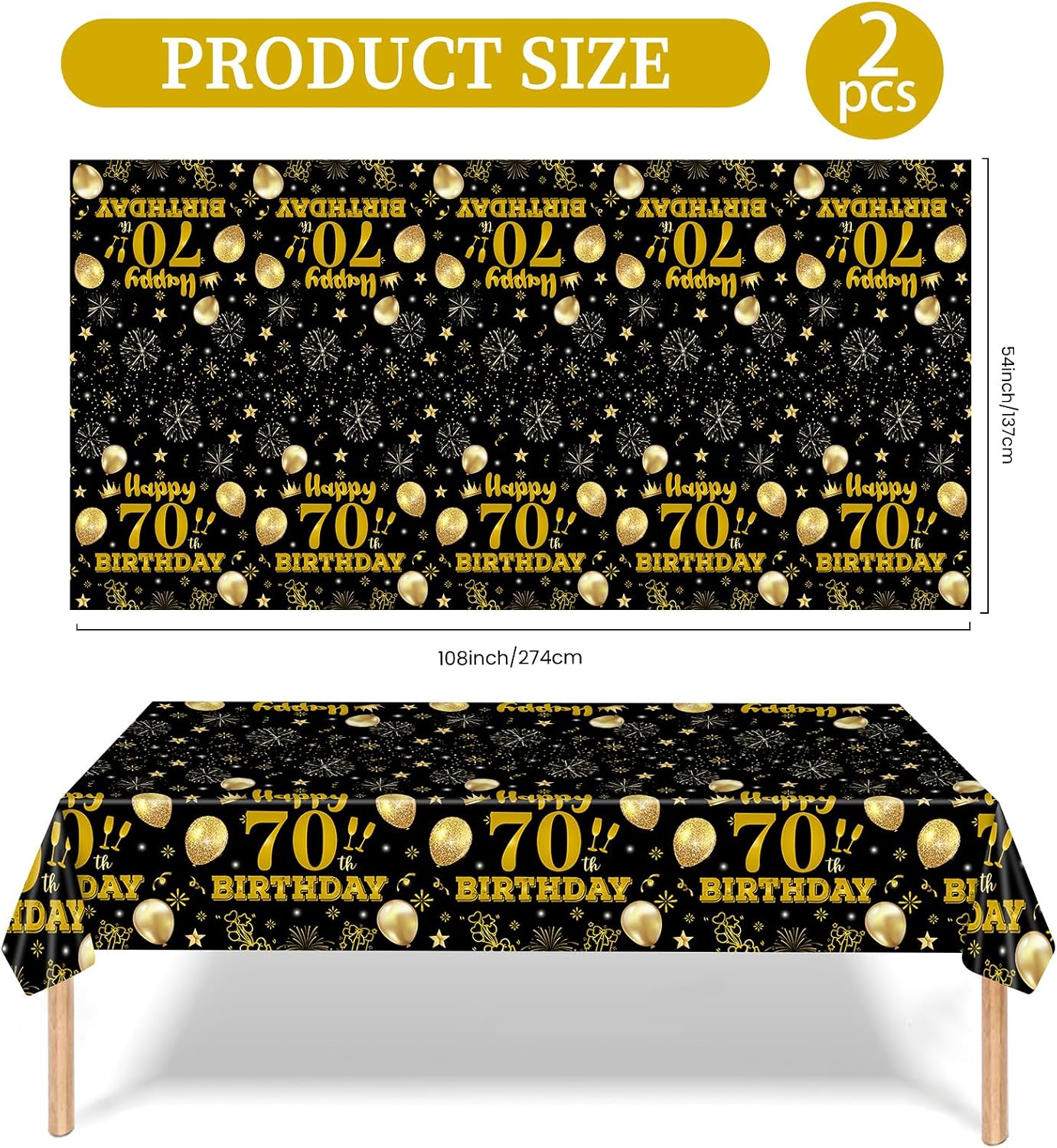 2Pack 70th Birthday Tablecloth, Black Gold Disposable Plastic Waterproof Rectangular Vintage 1956 Table Covers Party Supplies for Men Women 70th Birthday Anniversary Indoor Outdoor Decor 54 x 108“ image 2