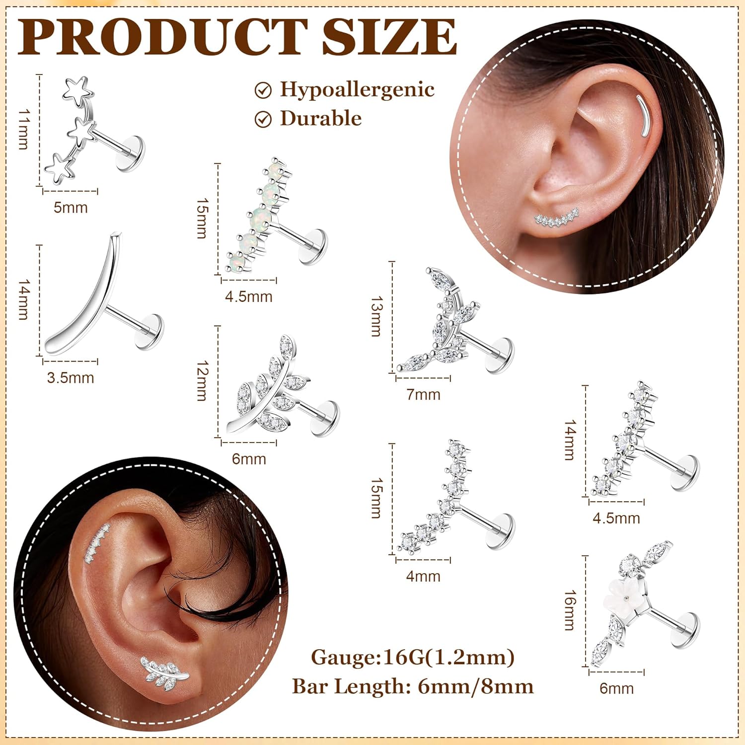 8PCS 16G 14K Gold Threadless Cartilage Stud Earrings for Women 316L Stainless Steel Push in Earrings CZ Helix Flat Back Stud Earrings Hypoallergenic Flower Star Leaf Conch Earrings 6/8mm - Image 2