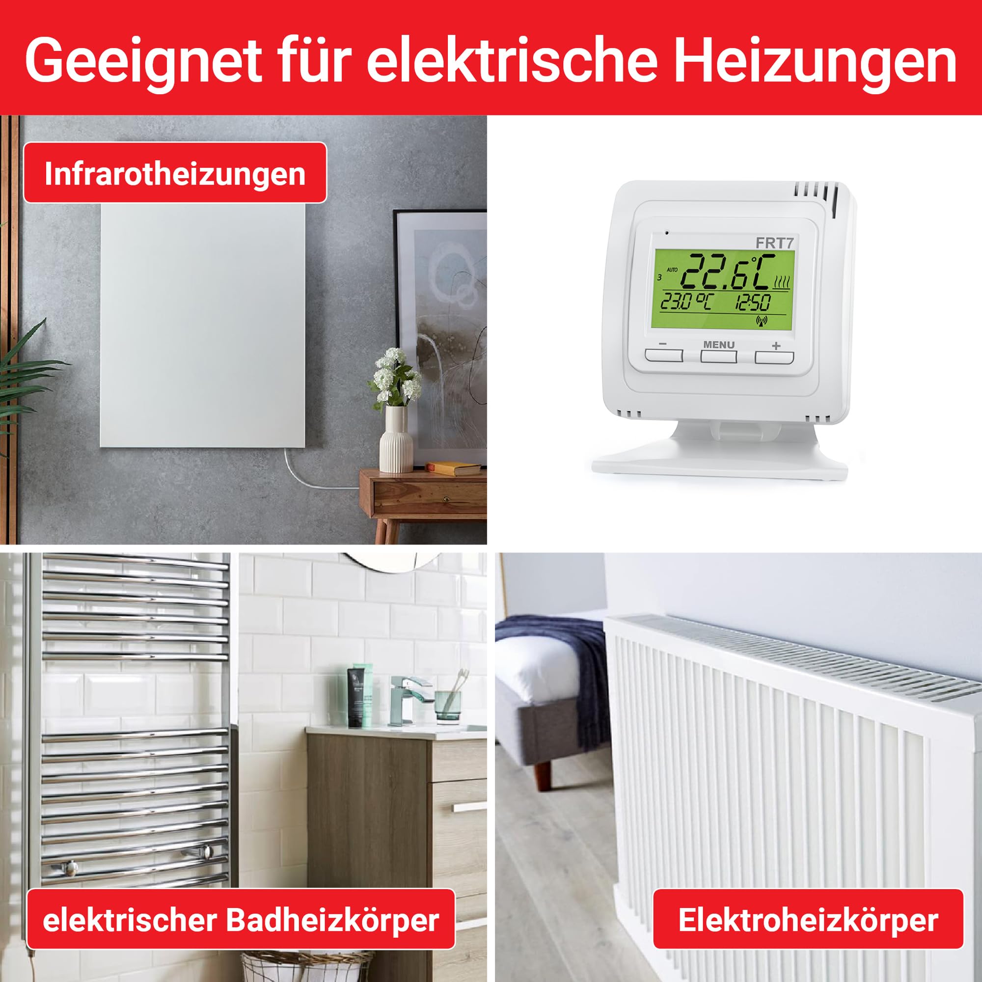 ELEKTROBOCK FRT7B3 Funk-Raumthermostat mit Standfuß | Überall hinstellen | mit Empfänger | 𝑳𝓐𝑵𝐆𝑳𝜠𝓑𝑰𝐆 | Große Reichweite | Für elektrische Heizung und Infrarotheizung, Weiss