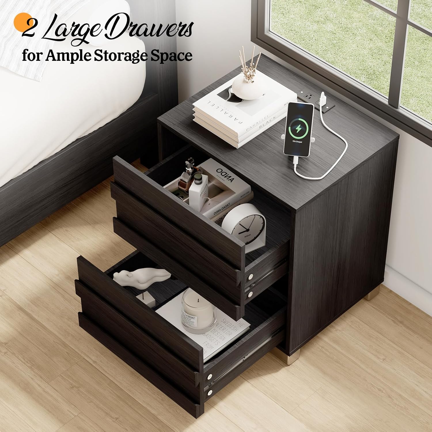 Albott 3 Piece Bedroom Set, Including Farmhouse King Size Bed Frame with Slatted Headboard, Nightstands Set of 2 with Charging Station for Bedroom, Black