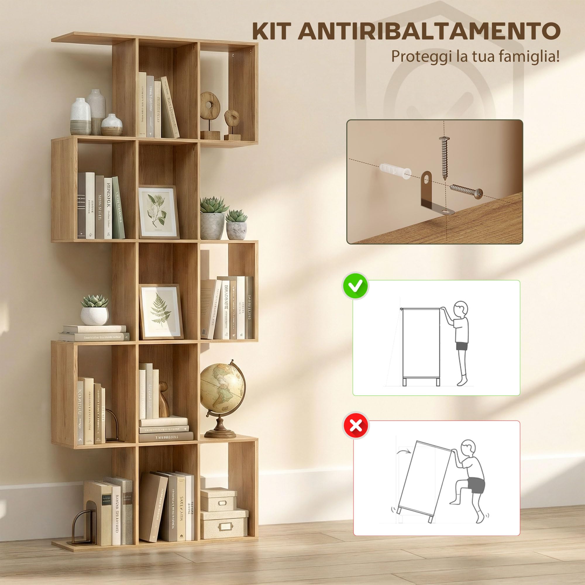 HOMCOM Libreria Scaffale a 5 Ripiani in Legno a Forma di S, Libreria Verticale Salvaspazio con 15 Compartimenti, Scaffale Portaoggetti per Soggiorno, Camera da Letto e Ufficio, Rovere