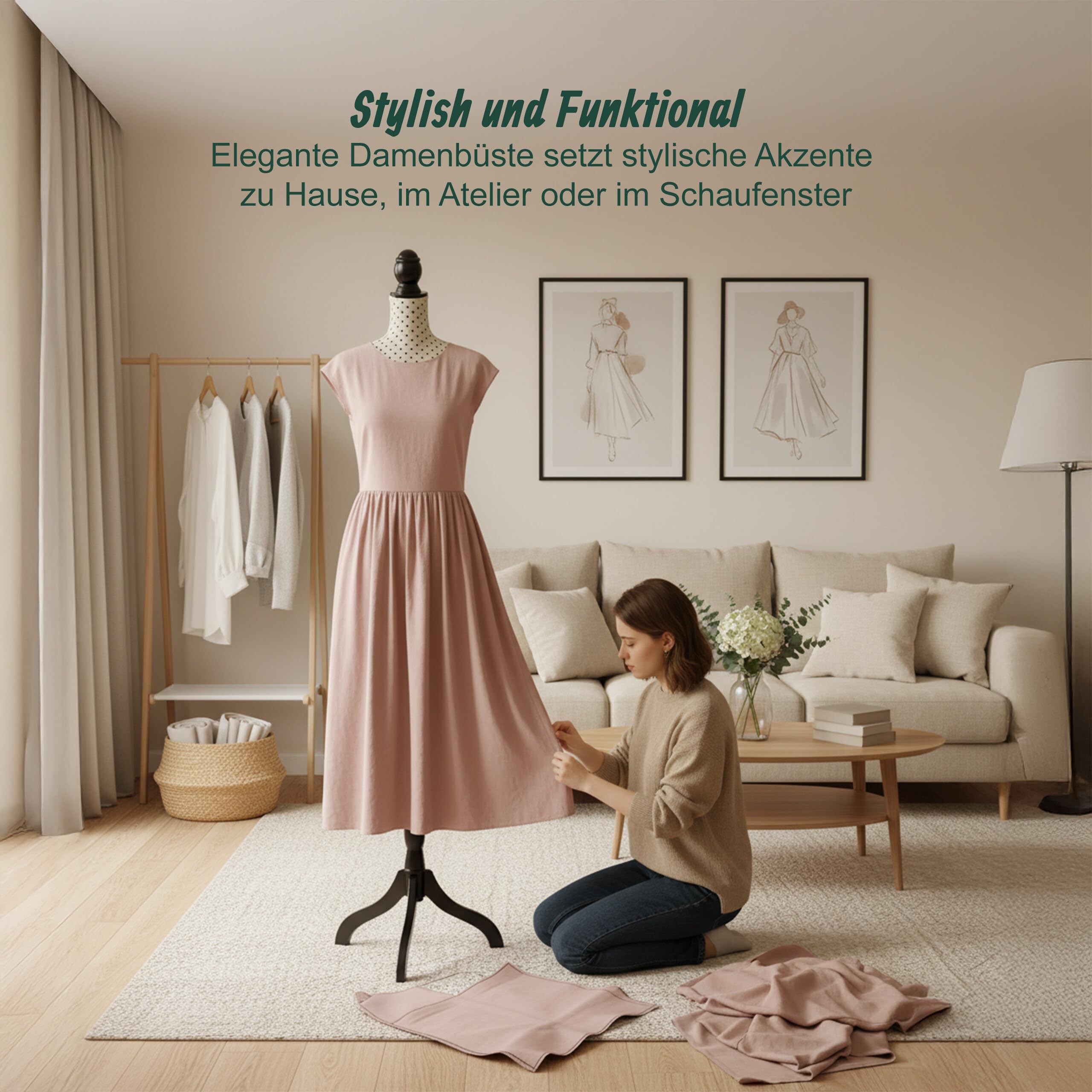 Relaxdays Schneiderpuppe, weiblich, Größe 36/38, verstellbar 130–167 cm, gepunktet, Holzständer, Nähpuppe, beige/schwarz