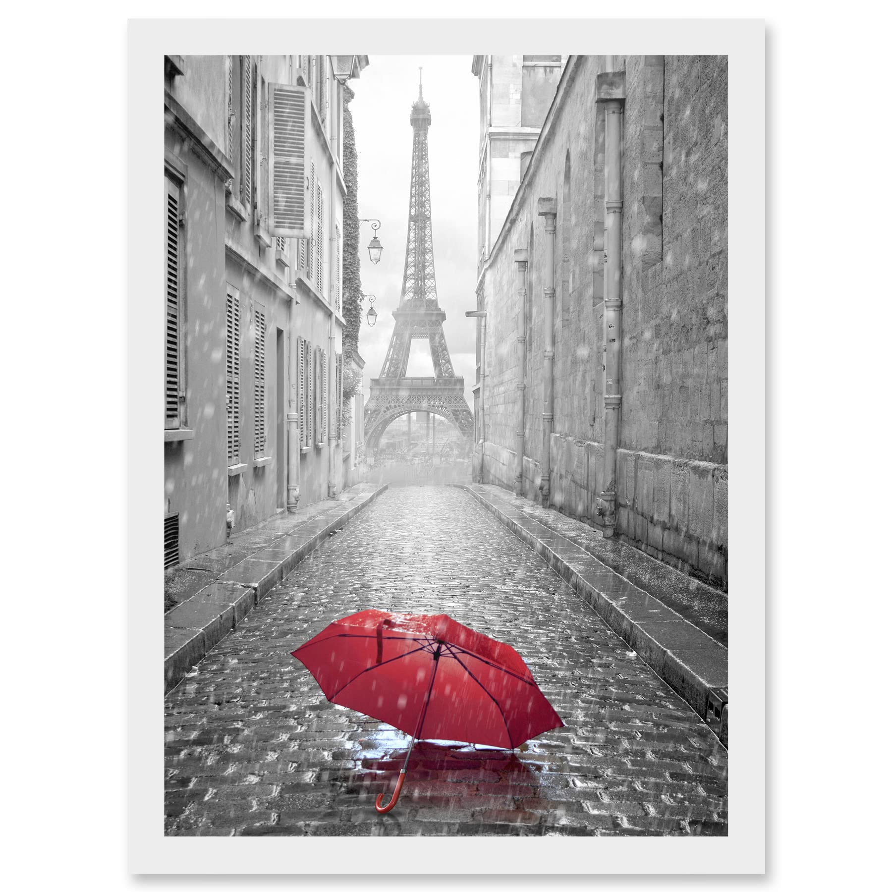 Wee Blue Coo Eiffel Tower In Paris Red Umbrella Rain Alley Cobbles Artwork Framed Wall Art Print A4