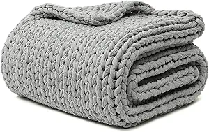 YnM 100% Cotton Weighted Blanket, Handmade Chunky Knitted Throw, No fillers Design, Soft and Breathable, Machine Washable Bed Blanket for Sleep or Home Decor (Lighte Grey, 50x60 Inch, 15lbs)