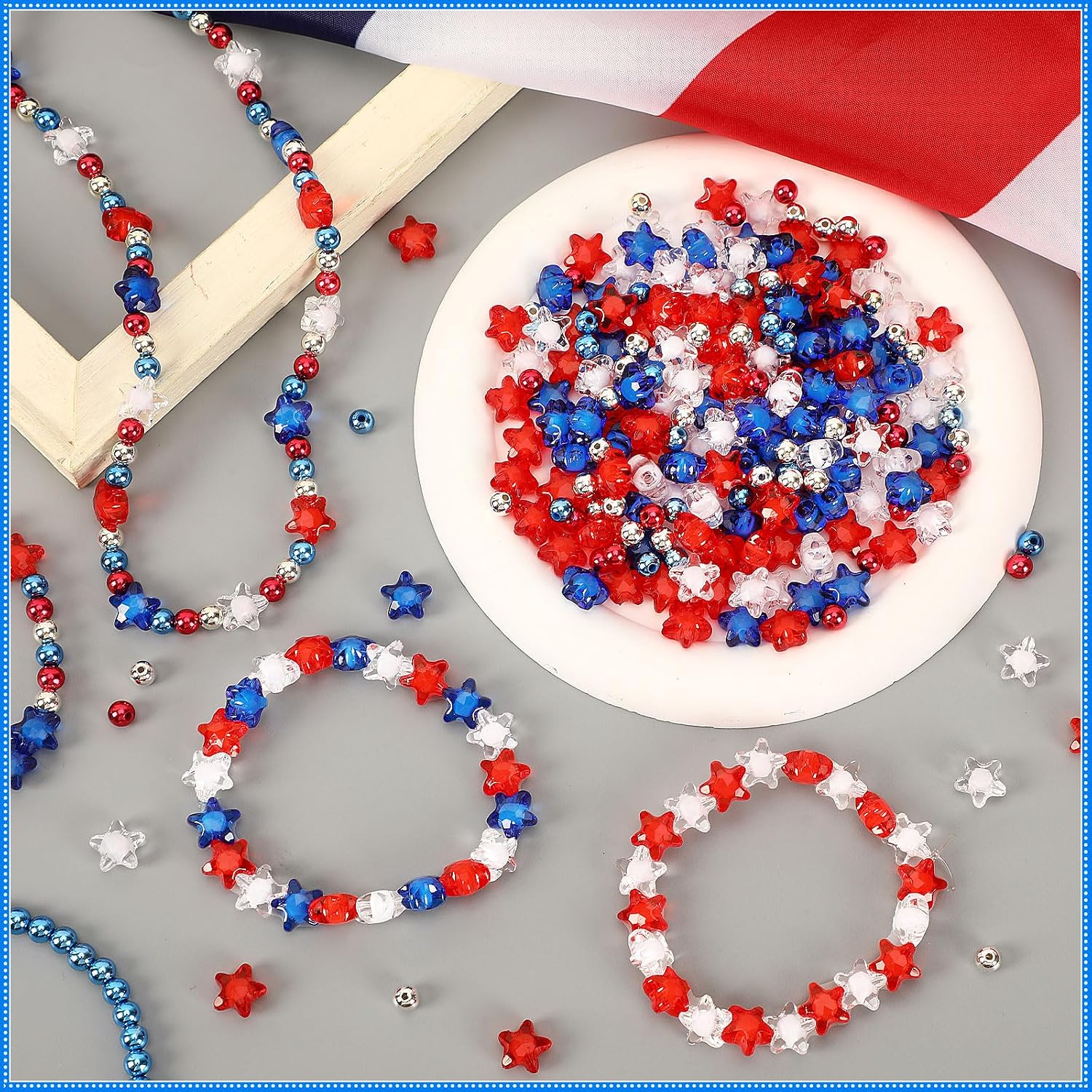 UPINS 1500Pcs Red White and Blue Beads, Patriotic 4th of July Beads for Jewelry Making Round Star Spacer Beads for Independence Day DIY Crafts and Necklace Bracelet Earring, 0.24 inch, 79-6670