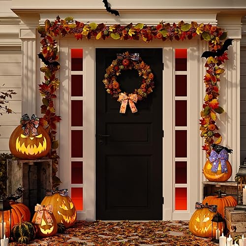 Miniatura 5 de 6 rollos de 30 yardas de cinta de grogrén con borde con alambre de Halloween para coronas, murciélagos, telarañas, estampado de calabaza, fantasma,