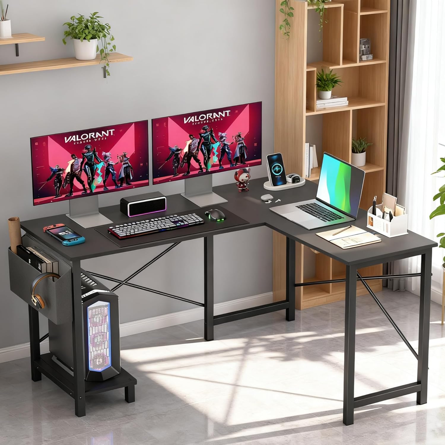 Dkelincs 50-Inch L Shaped Desk, Corner Computer Desk & Gaming Desk for Home Office and Dorm, Sturdy Writing Workstation with CPU Stand and Side Storage Bag (Black)