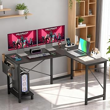 Dkelincs 50-Inch L Shaped Desk, Corner Computer Desk & Gaming Desk for Home Office and Dorm, Sturdy Writing Workstation with CPU Stand and Side Storage Bag Black