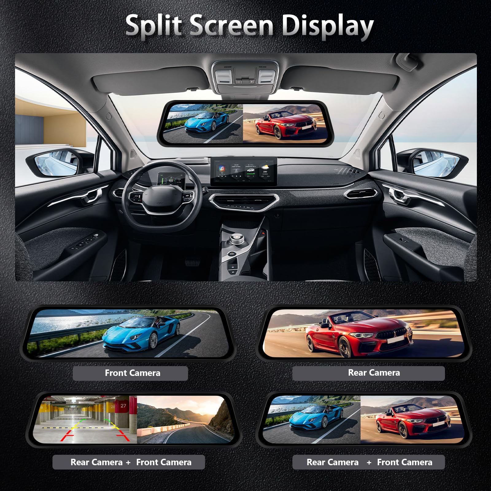 4K Podofo Dashcam Voiture Rétroviseur Écran Tactile, 9,66 Pouces Arrière et Avant Full HD 150° Avant + 120° Arrière Media DVR avec Super Vision Nocturne/G-Sensor/Capteur G/Monitor+Caméra de Recul
