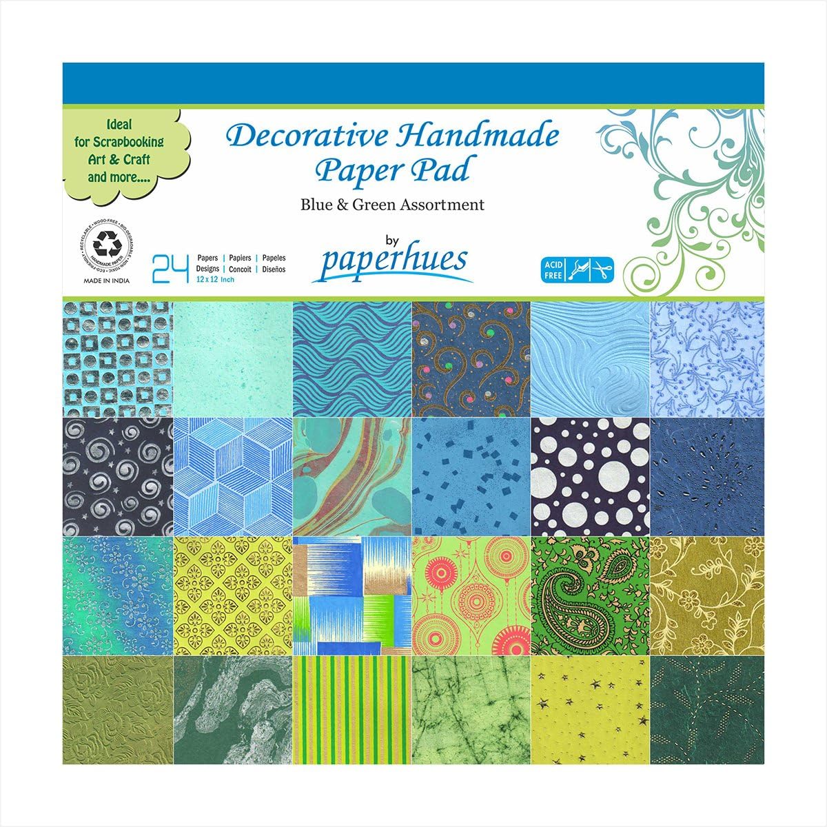 Paperhues Blue-Green Winter Collection 12x12" Pad, 24 Sheets. Decorative Specialty Handmade Origami Papers for Gift Wrap, Christmas Cards, Scrapbooking, Decor, Art and Craft Projects.
