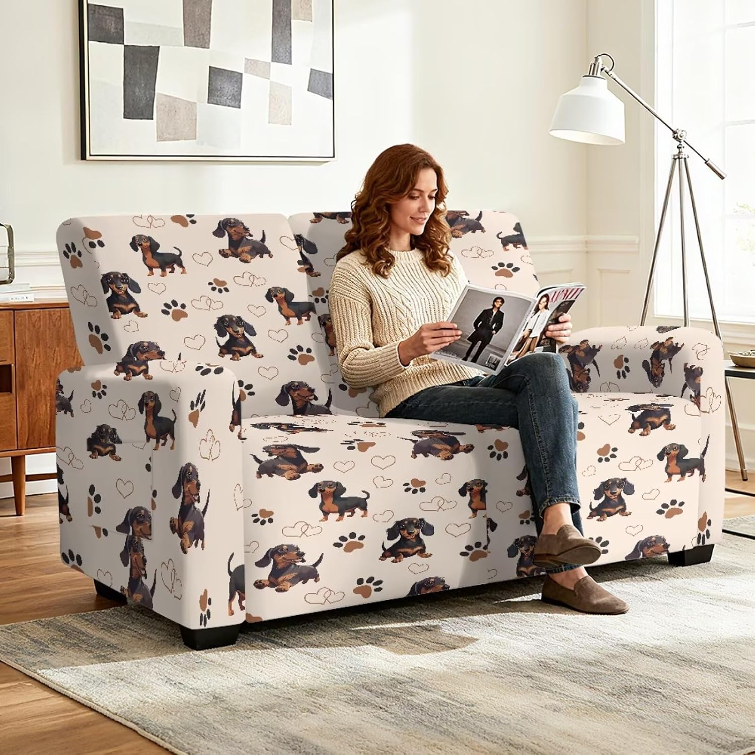 Dachshund Dog Paw Print 6 Pieces Reclining Loveseat Slipcover, 2 Seat Stretch Loveseat Recliner Cover Recliner Sofa Cover, Furniture Protector