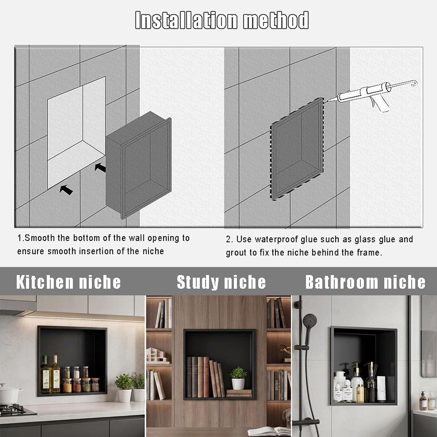 12 x 12 Inch Matte Black Shower Niche, Recessed Stainless Steel Shower Shelf, No Tile Needed Waterproof Bathroom Wall Niche, Rustproof Built-in Storage Organizer (12 X 12 X 4 Inche Black)