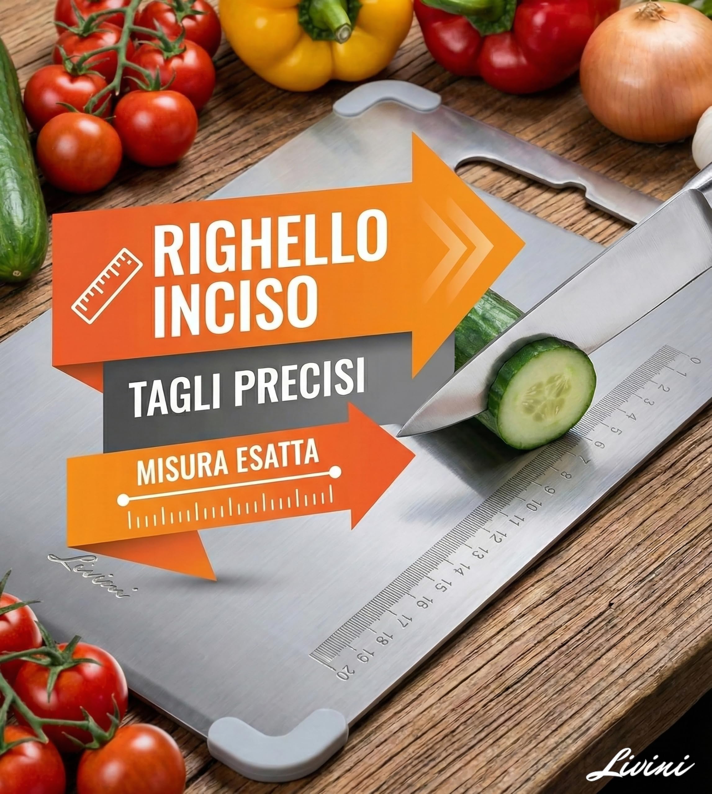 LIVINI Tagliere in Acciaio Inox 304 Alimentare 34x23cm, Tagliere da Cucina Professionale con Angoli Antiscivolo Rimuovibili in Silicone Antibatterico, Righello inciso per un Taglio preciso