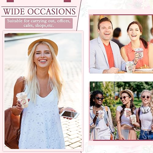 Vista 18 de Remerry 100 tazas de café desechables florales de 12 onzas con 100 tapas y 100 fundas aisladas de papel, tazas de papel para café caliente con tapas