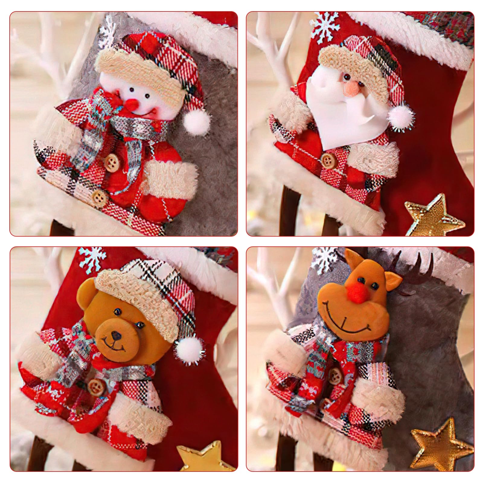 Lot De 4 Chaussettes De Noël Décoratives - 16x22 Cm - Tissu Feutre - Modèles Père Noël, Renne, Bonhomme De Neige, Ours