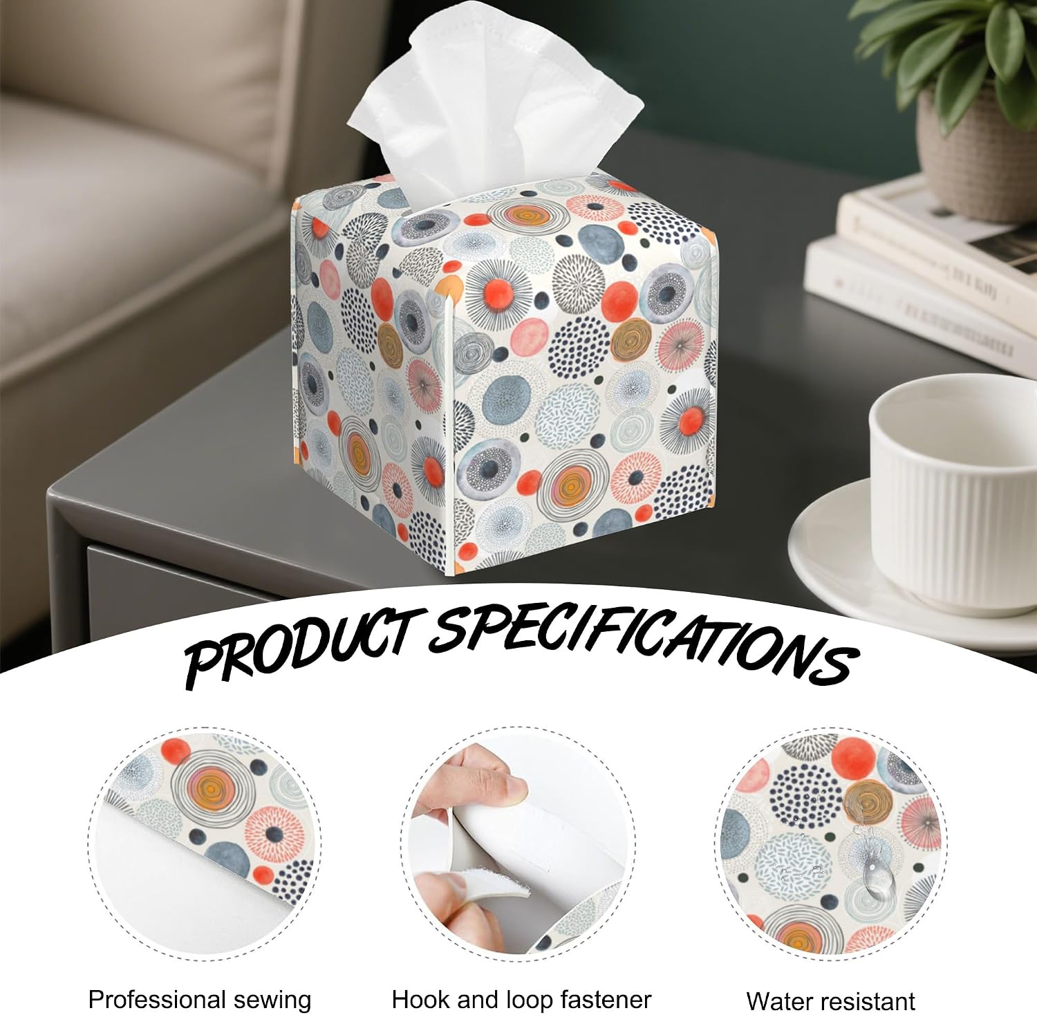 Multicolor Circles Tissue Box Holder,Cube Tissue Box Cover Holder,Leather Facial Paper Organizer Dispenser Home for Bedroom Night Stands,Kitchen,Office and Car,5.2"×5.2"×5.2" image 2