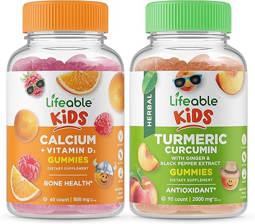 Lifeable Calcio con vitamina D para niños + curcumina de cúrcuma para niños, paquete de gomitas de gran sabor, suplemento vitamínico, sin gluten,