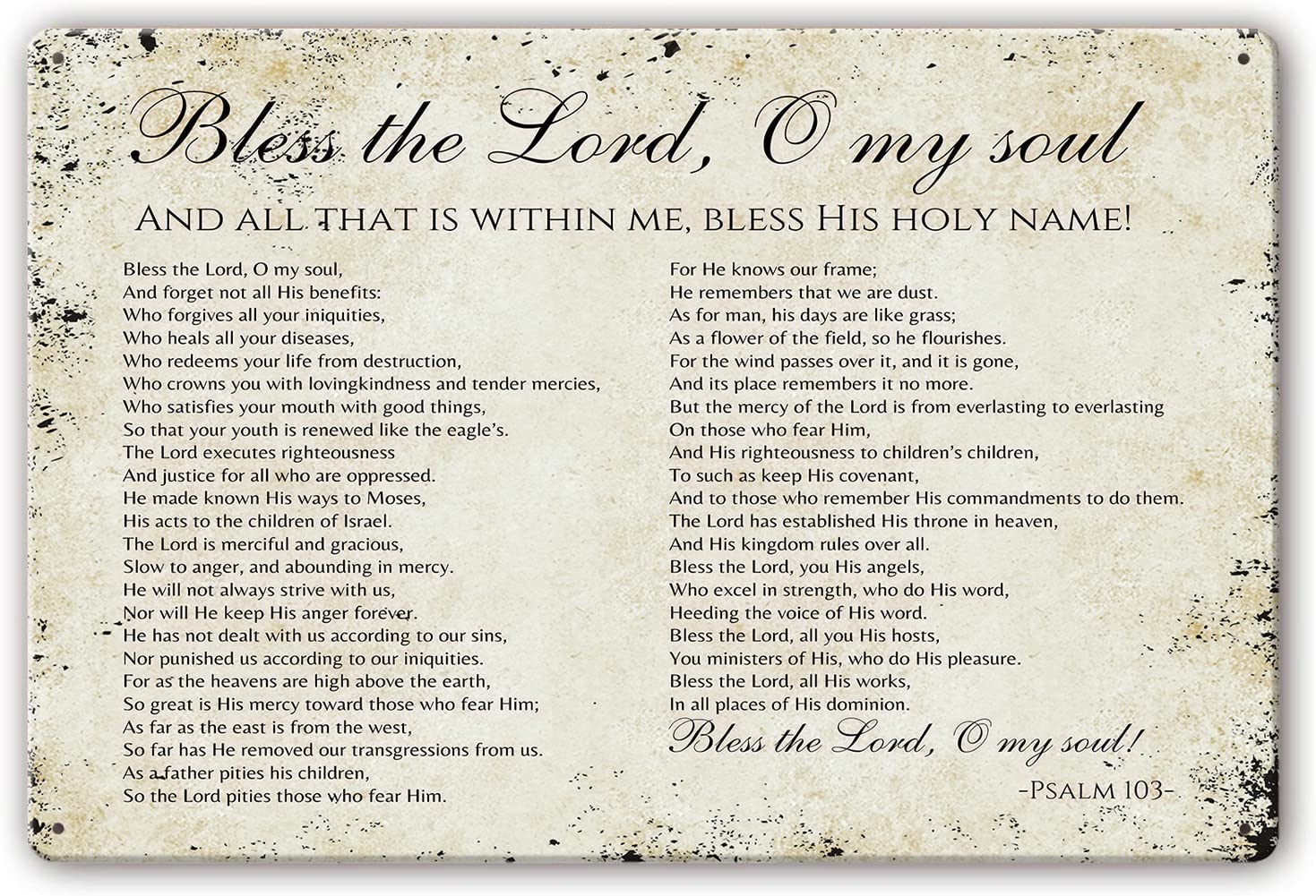 Yepyayqvk Metal Signs Psalm 103 Bless The Lord O My Soul Scripture Wall Art for Room Wall Home Decorative Paintings for Bathroom Print Pictures for Bedroom 8x12 Inch