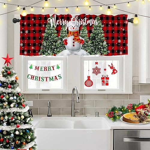 Miniatura 2 de Cenefa de Navidad para ventanas, muñeco de nieve con adorno de árbol de Navidad, cenefas con bolsillo para barra, 1 panel, cuadros rojos a cuadros,