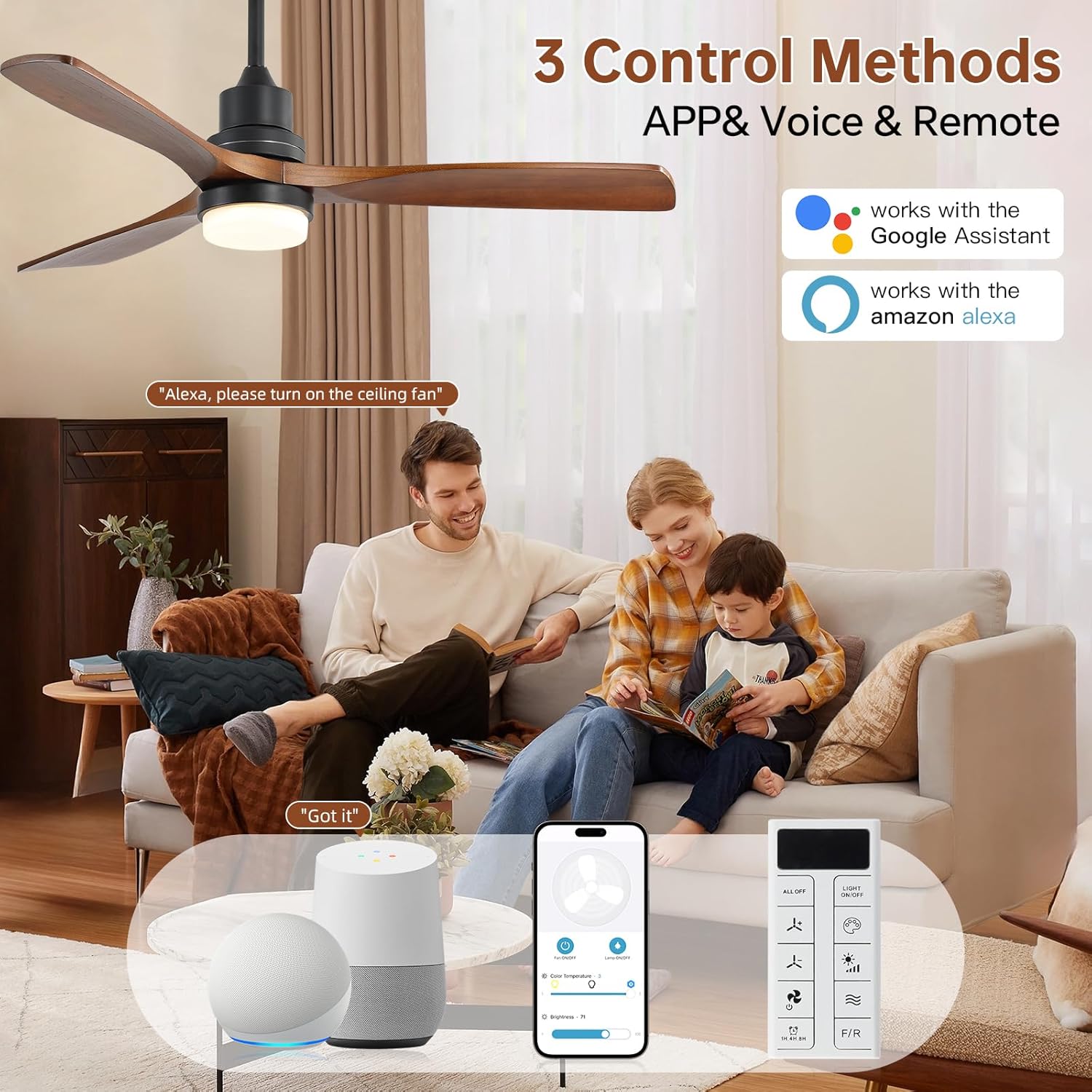 Sofucor Smart Ceiling Fan, 52" Low Profile Ceiling Fans with Lights and Remote, Compatible with Alexa/Google/App, 3-Color Light 6-Speed DC Motor Reversible Timer for Bedroom Living Room Patio Outdoor