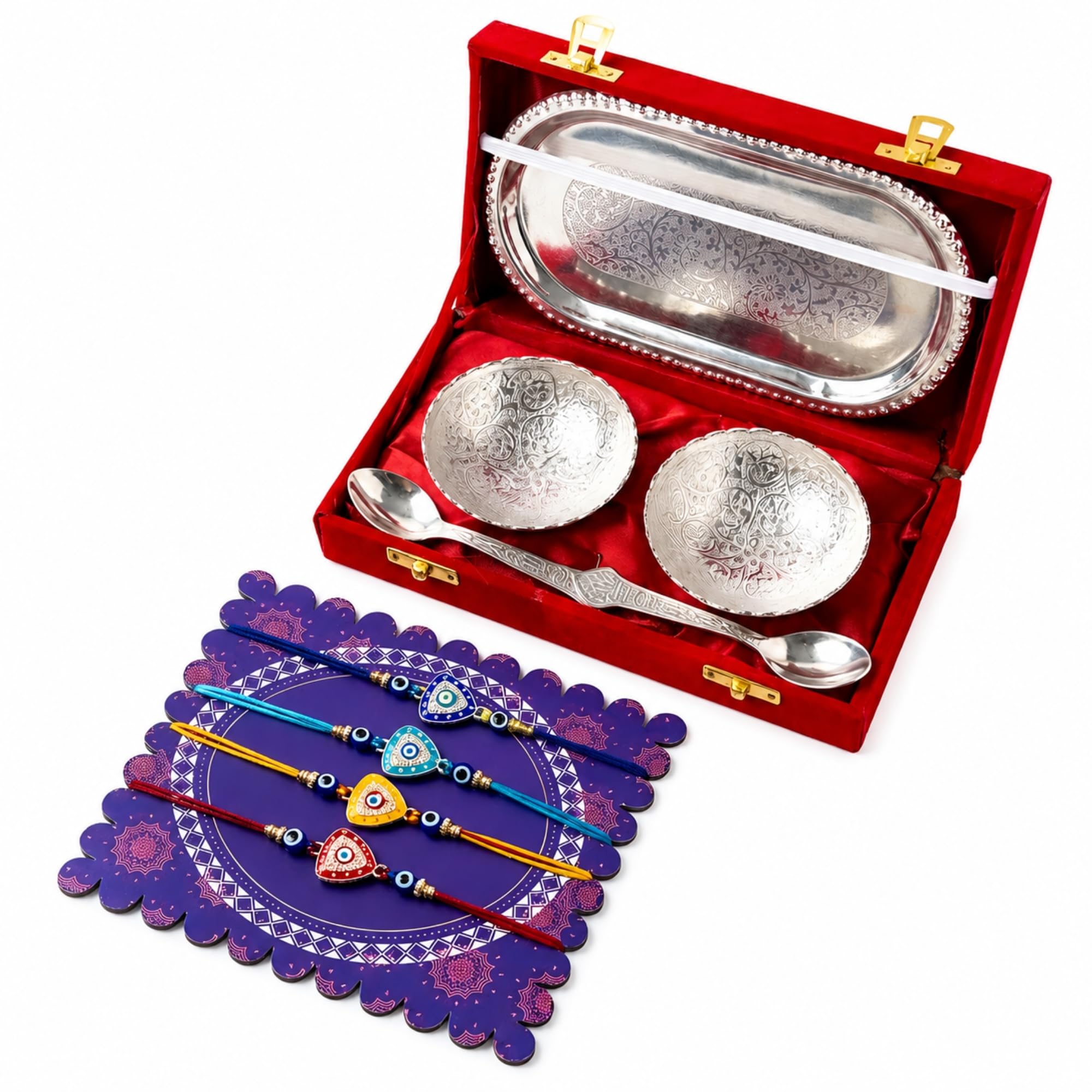 Rakhi Gift Hamper for Brother with 4 Designer Rakhis & German Silver Gift Set | 2 Bowls, 2 Spoons & 1 Decorative Tray with Premium Velvet Gift Box | Raksha Bandhan Dry Fruit Serving Gift Combo-image-26