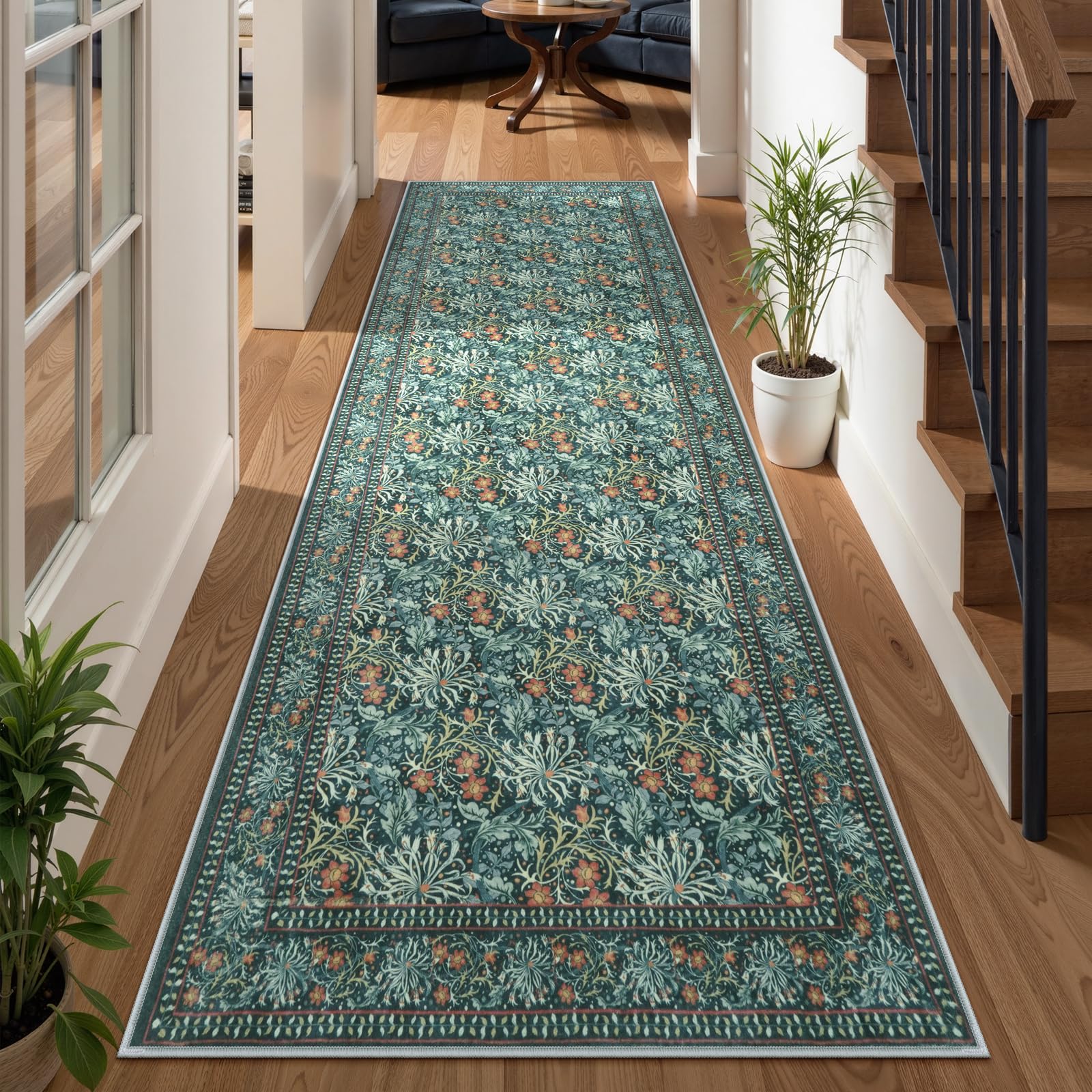 Uphome Botanical Floral Runners for Hallways, 2'6x8 Washable Kitchen Runner Rugs Non Slip, Long Soft Entryway Runner Rug Low Pile, Vintage Floor