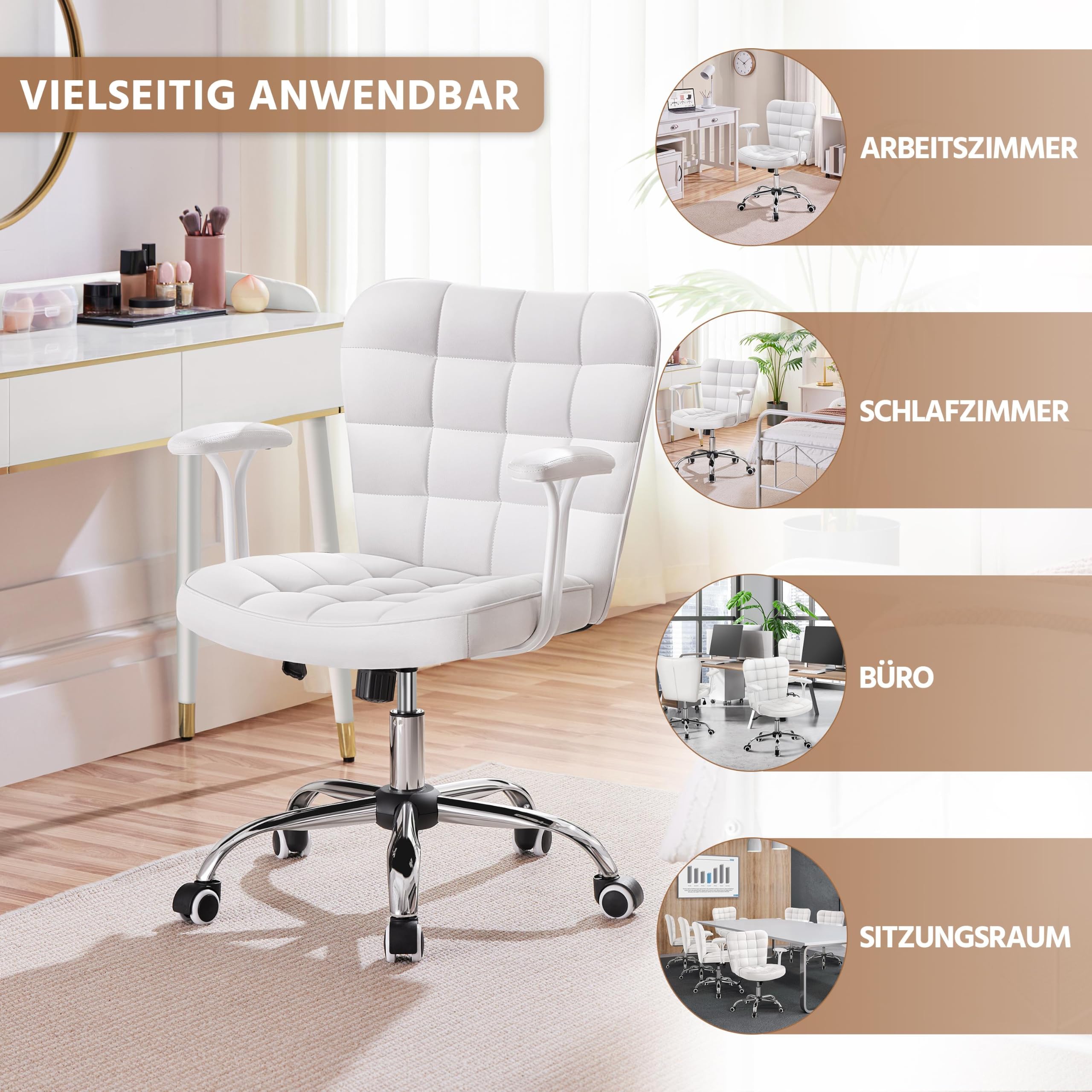 Yaheetech Homeoffice Stuhl Schreibtischstuhl Bürosessel Arbeitsstuhl aus Kunstleder, Drehstuhl mit Weichen Armlehnen, Höhenverstellbarer Polsterstuhl Computerstuhl mit Rollen, Weiß