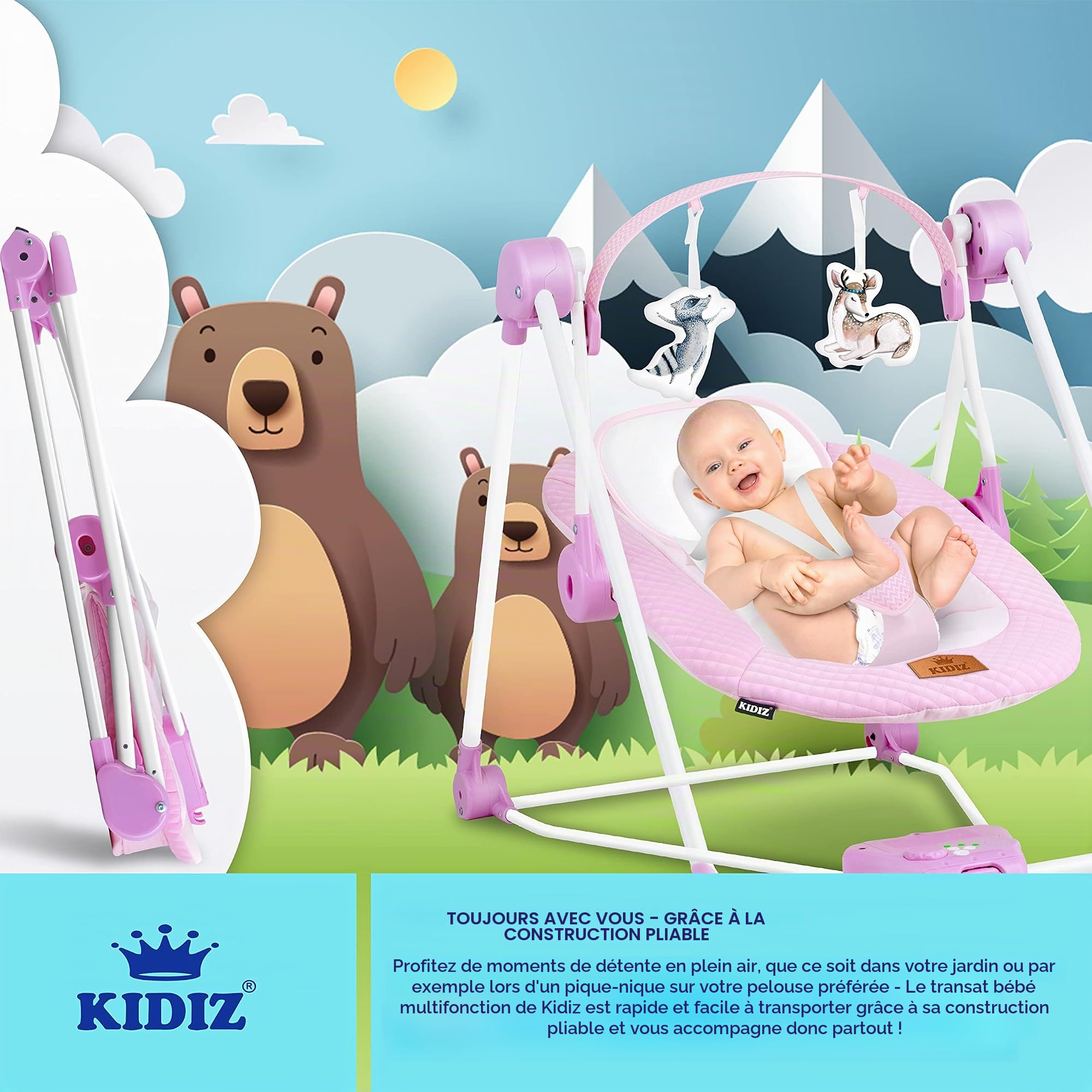KIDIZ® Balançoire bébé 5 vitesses pliable transat chaise haute arche jeu jouets sons nature