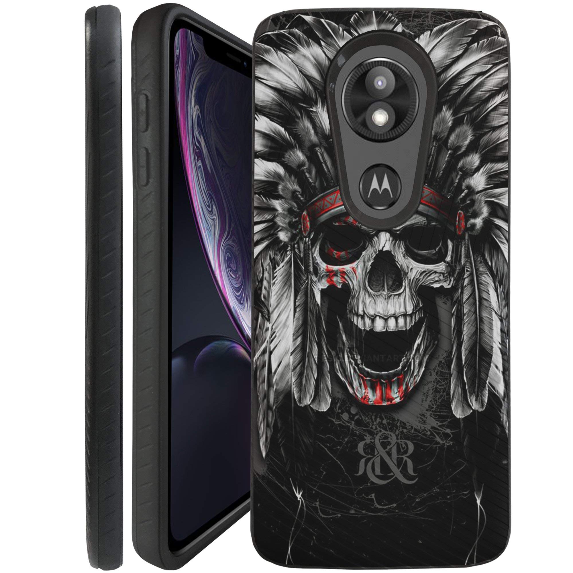 CasesOnDeck Case for Motorola Moto E5 Plus/Moto E5 Supra - Slim Fitted Hybrid Fusion Embossed Dual Layer Cover (Tribal Skull Warrior)