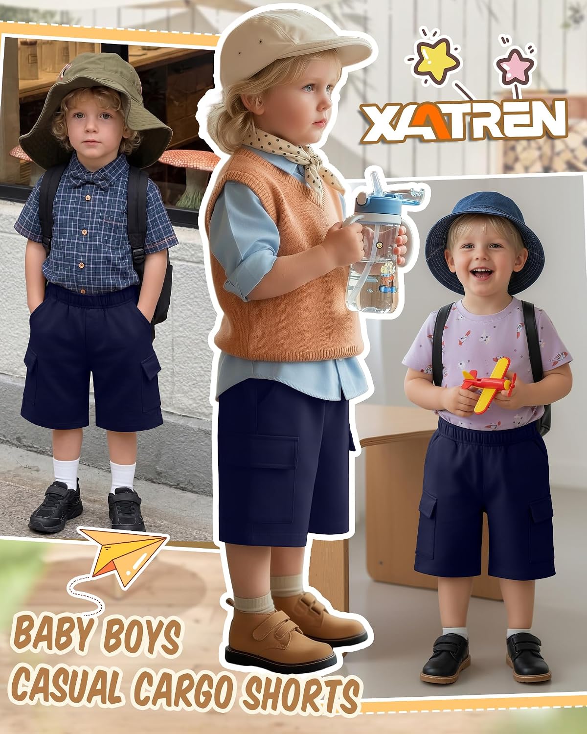 Xaatren Toddler Baby Boys Cargo Shorts Kids Long Pull on Shorts Wide Leg Casual Summer Athletic SweatShorts with Pockets
