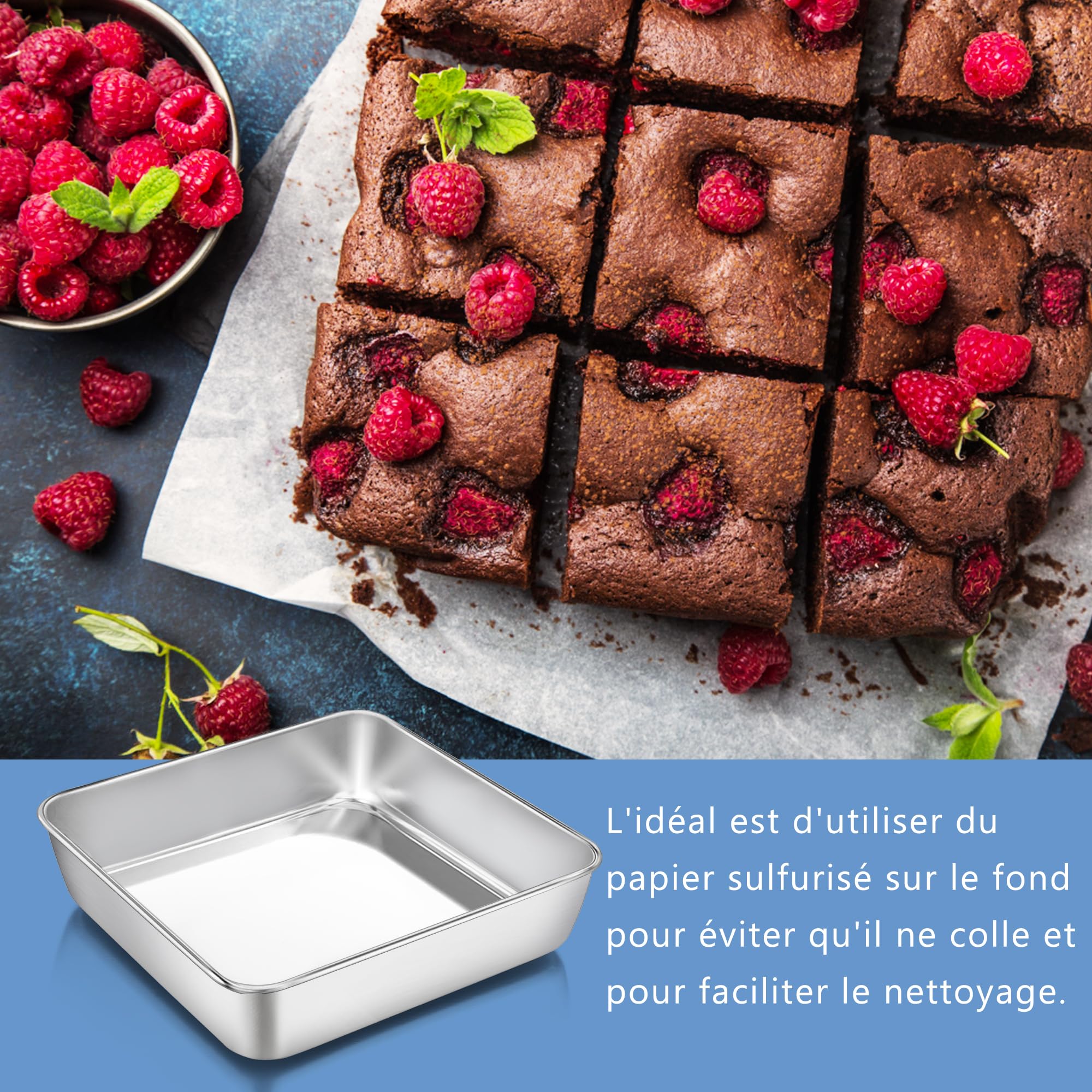 Herogo Lot de 2 moules à gâteau carrés, en acier inoxydable, 21 x 21 x 5 cm, durables, parfaits pour brownie/lasagnes/gâteaux, faciles à nettoyer et passent au lave-vaisselle