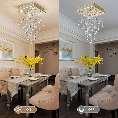 Vista 17 de Bestier Lámpara de araña cuadrada de cristal cromado con forma de gota de lluvia, lámpara colgante para comedor, baño, dormitorio, sala de estar, 4