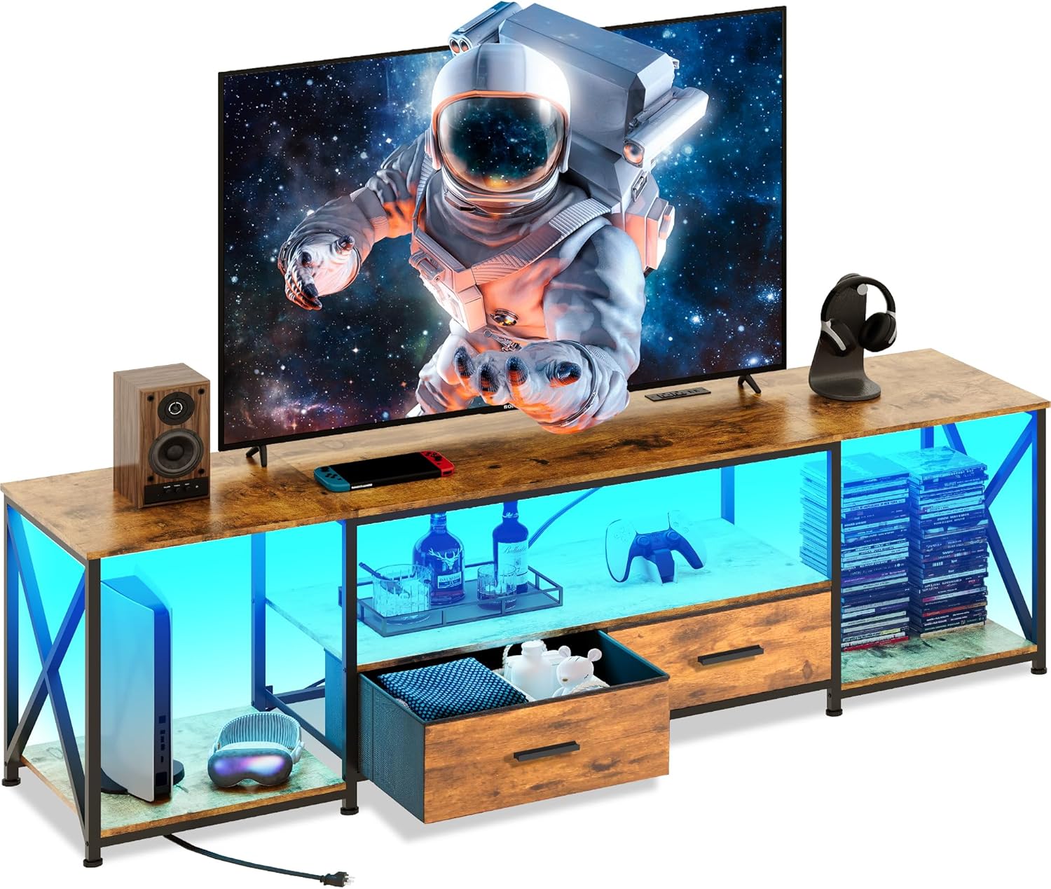 Dresser TV Stand with Power Outlets & LED Lights, Up to 65 Inches, 2 Large Drawers, 3 Open Storage Shelves (Rustic Brown, 55 Inch)