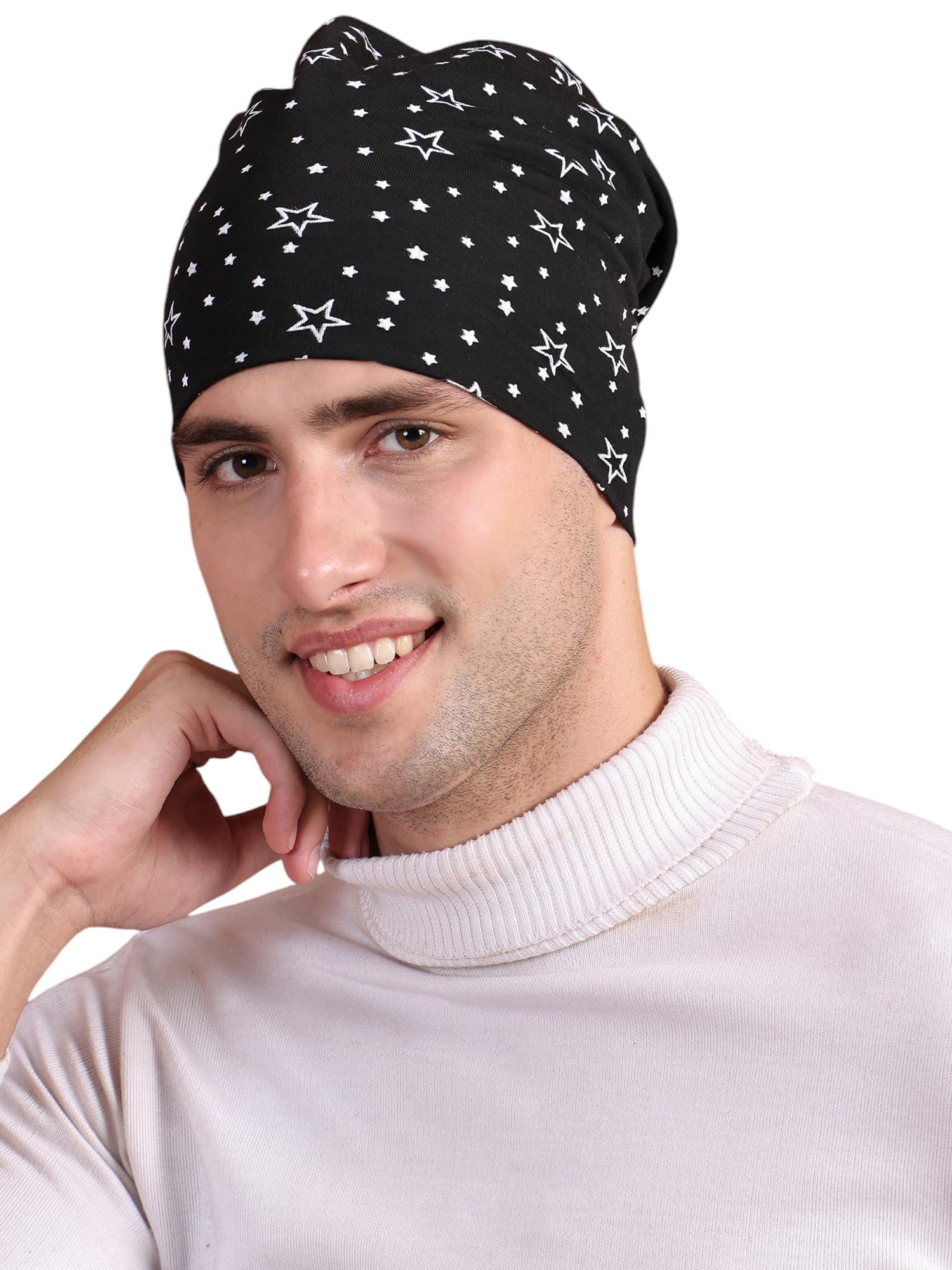 Mack JONNEY Fabric Men's Cotton Beanie Cap (Pack of 1) (Cap_PRT-No.1-Blk_01_Black_Free Size)