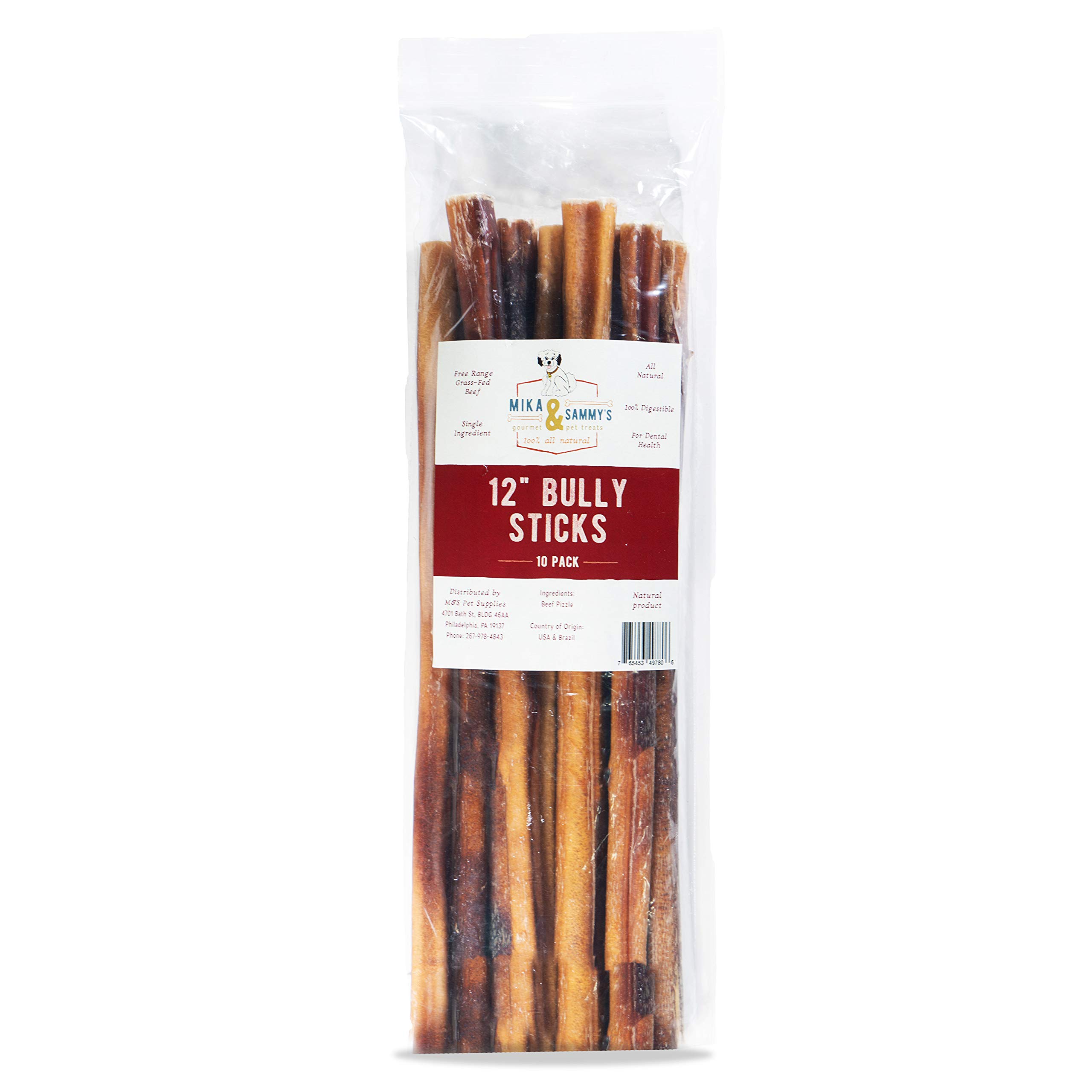Mika and Sammy's Gourmet 12 Inch Bully Sticks 100% All Natural & Fully Digestible Dog Chew Treats. Made in USA. (10 Count)
