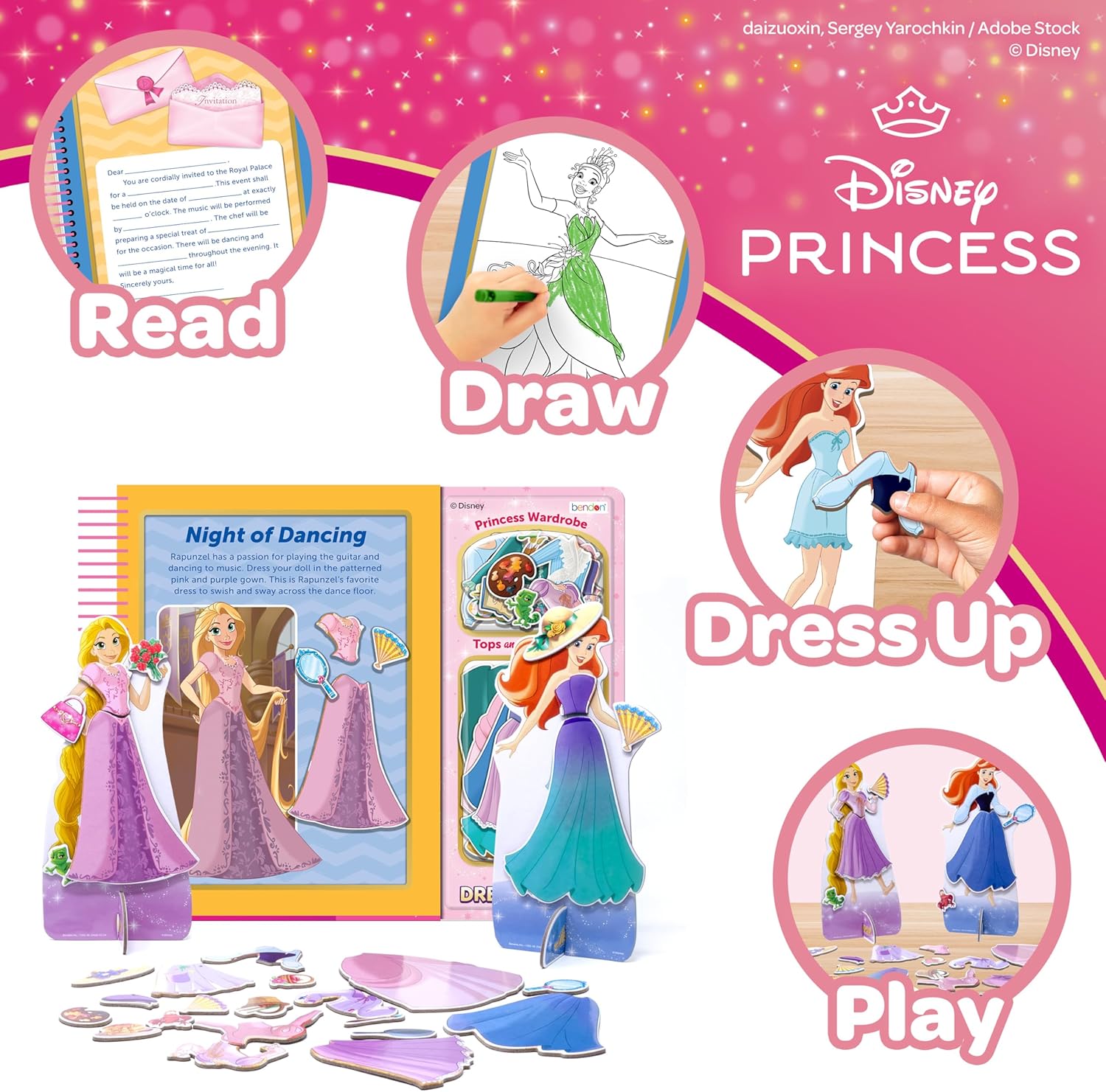 Disney Princess Ariel and Rapunzel Storybook Dress-Up Activity Set - Magnetic Dress-Up Dolls with 28 Pieces, 2 Freestanding Figures, Girls Gift Ages 3+