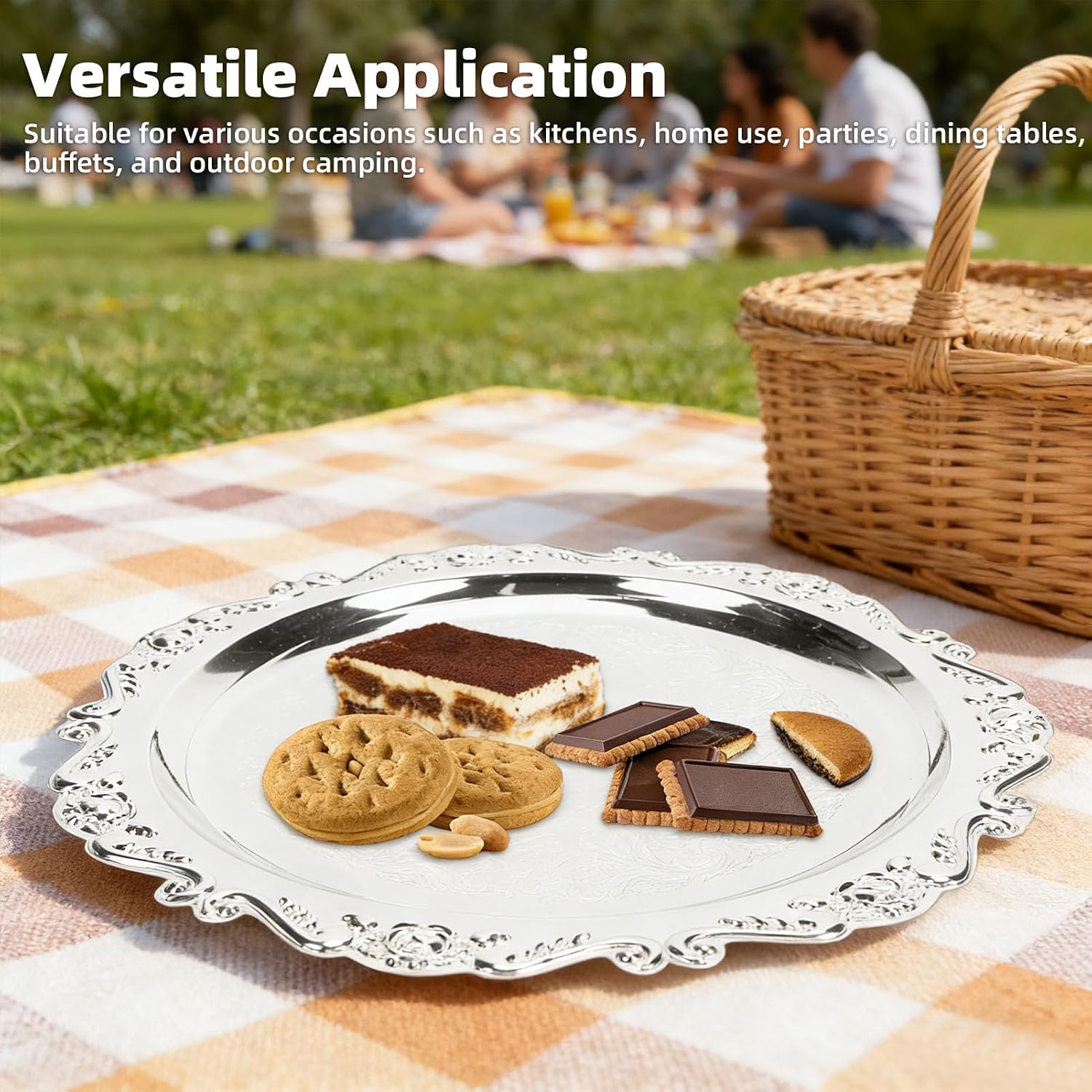 Floral Engraved Serving Platter Large Silver Serving Tray(25cm) | Oval Food Display Serving Tray for Desserts Party Wedding Decorative