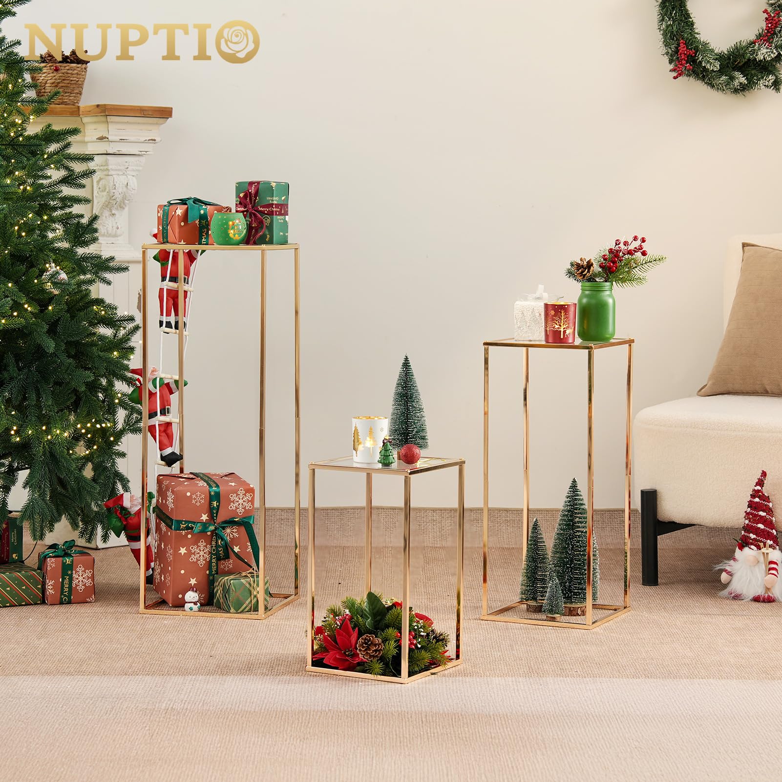 Nuptio Jarrón Dorado para Centros Mesa Boda con Panel Acrílico - Jarrones Altos 3 Piezas para Flores Columna Metal Soporte Centro Mesa Geométrico para Fiesta Cumpleaños Decoración(40cm/60cm/80cm)