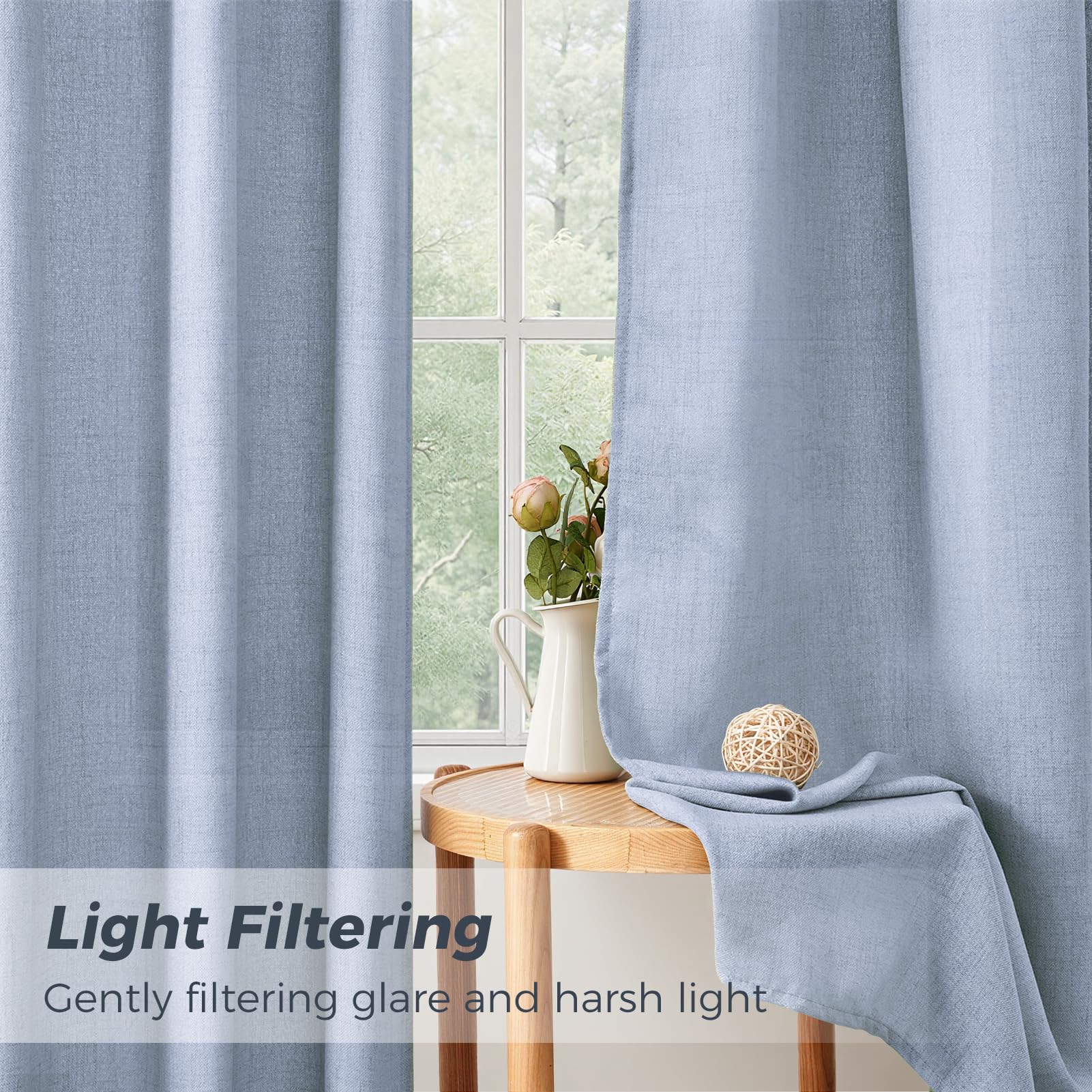 CUTEWIND Rideaux Voilage en Lin Translucide Bleu, Rideau Intérieurs en Lin Naturel Chambre Cuisine Salon Salle à Manger Porte Fenetre Boheme, 140x160 CM, Lot de 2