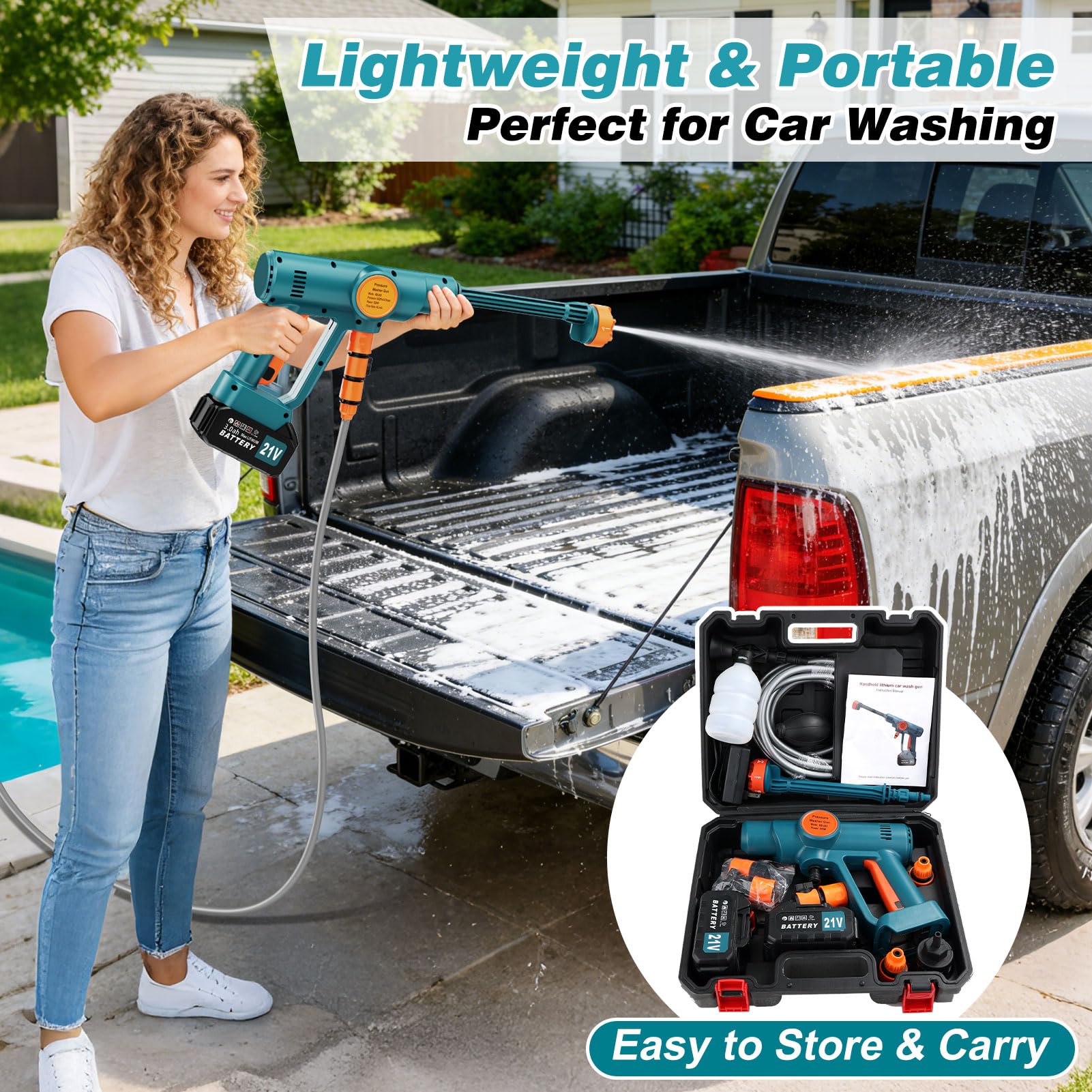 Idropulitrice Portatile a Batteria 2×3.0Ah Ugello 6 in 1 Senza Fili Collegamento a Rubinetto Diretto