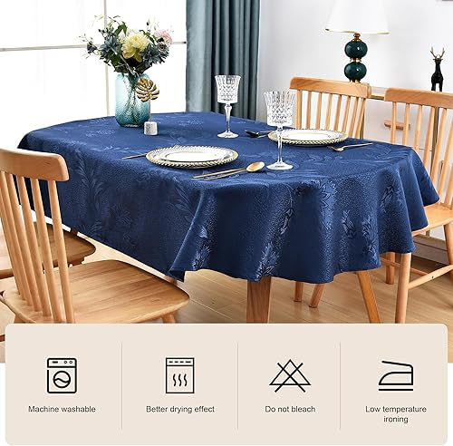 Miniatura 4 de Mantel de jacquard ovalado, color azul marino, floral, hojas de campo, patrón de damasco, mantel de tela brillante brillante para mesa de cena y