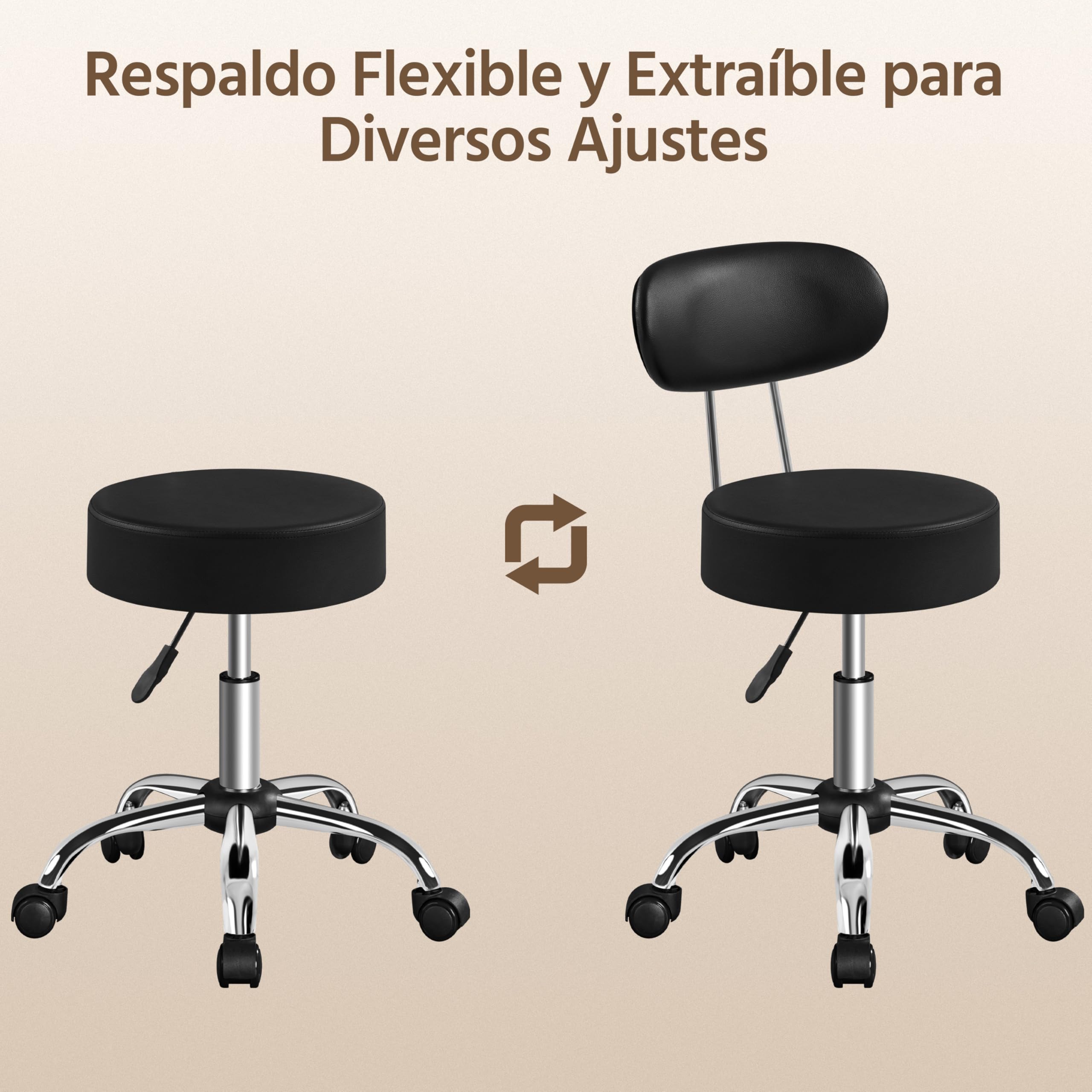 Yaheetech Taburete Giratorio Taburete con Ruedas y Respaldo con Altura Regulable 75.5-85 cm Asiento Tapizado de Polipiel Sintético para Oficina Dormitorio Negro
