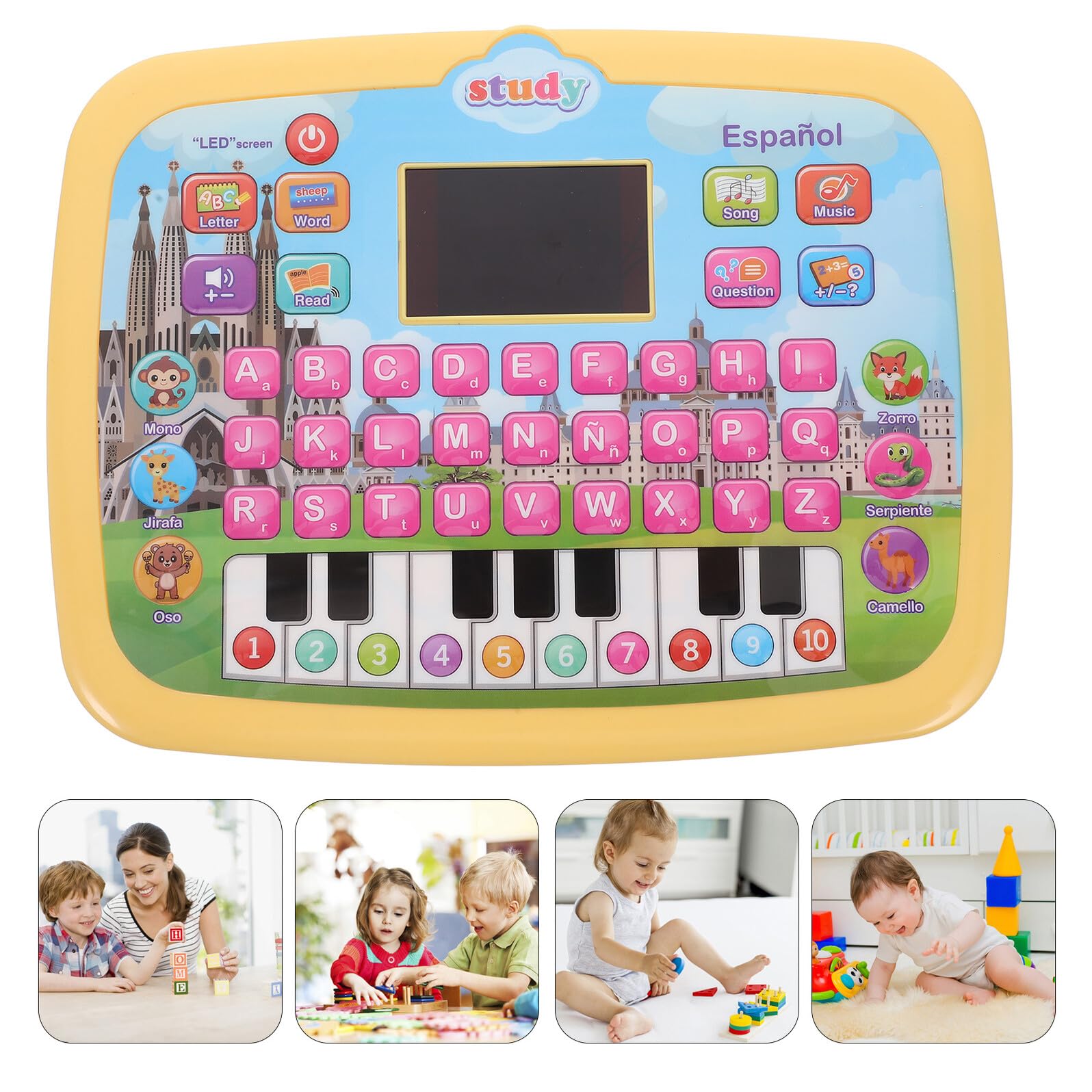 Tableta Bilingüe de Español para Niños Pantalla Led, Táctil, Abs | Juguete Educativo Multifuncional, 3 Pilas Aa No Incluidas, Amarillo Decoracion Colegio, Juguetes Didácticos Años