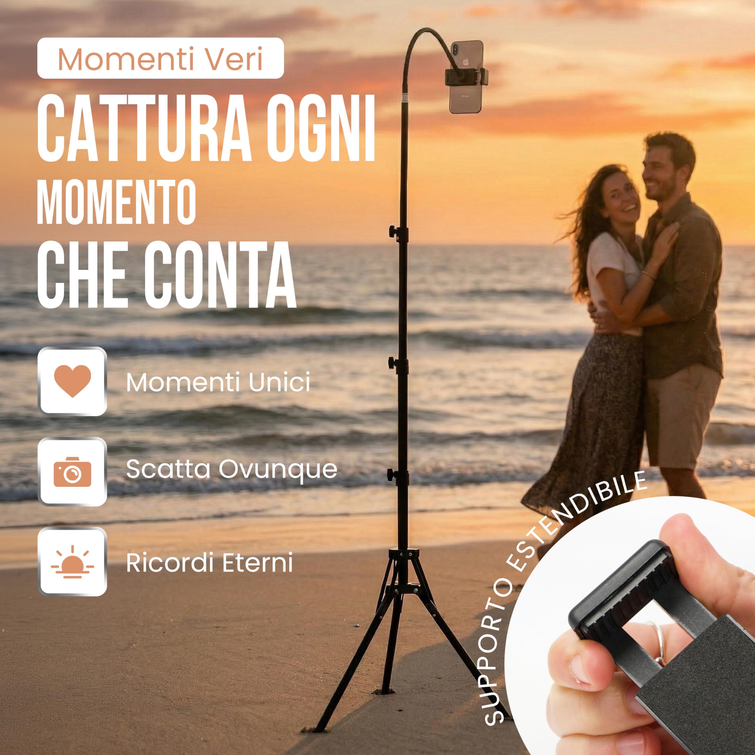 Treppiede Smartphone Stabile Regolabile Fino a 190 cm con Telecomando Bluetooth, Base Larga e con Testa 360°
