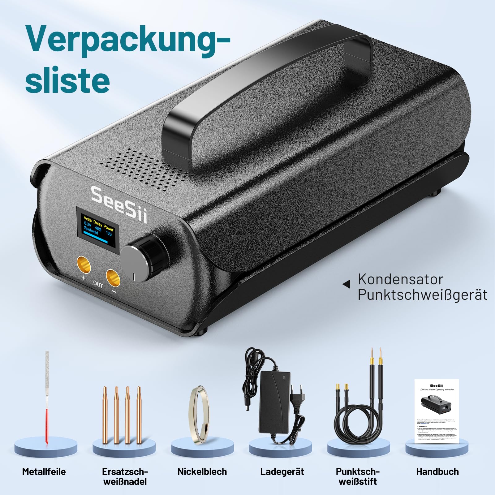 SeeSii Kondensator Punktschweißgerät, 3000F Punktschweißgeräte mit Farad-Kondensatoren, 4 Schweißnadeln, Spot Welder für 0,1-0,3 mm Nickelband, 120 Gänge, von Zylindrischen Batterien usw.