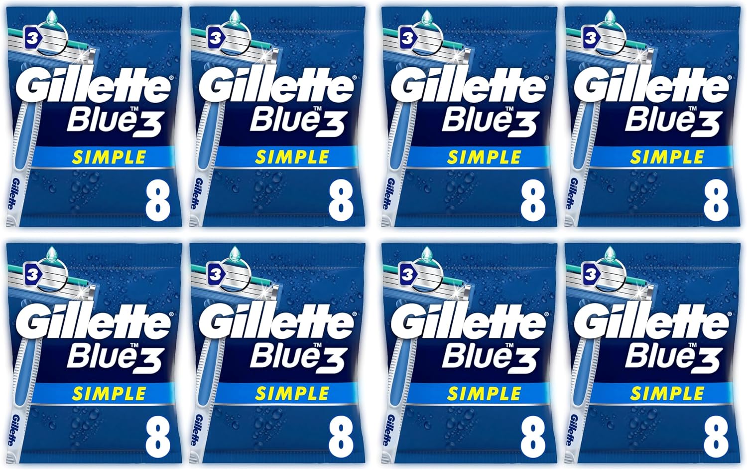 Gillette Blue 3 Simple Men's Disposable Razors 8 Razors with Triple Blade Fixed Blade Head Moisture Strips Pack of 4
