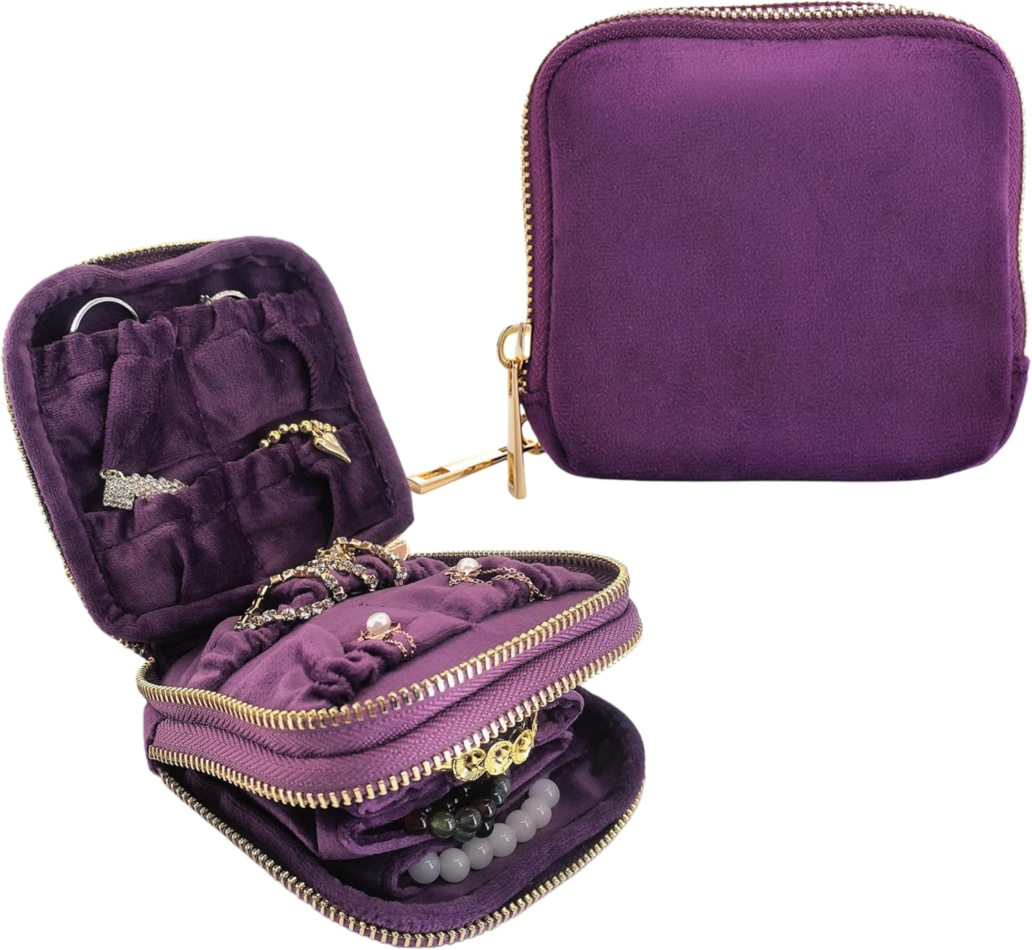 Travel Jewelry Organizer Case, Lisse Velvet 2-Layer Pouch, 11-Pocket for Necklaces, Bracelets, Earrings & Rings, Anti-Tangle Scratch-Resistant Small Jewelry Bag, Elegant Gift (Plum Purple)
