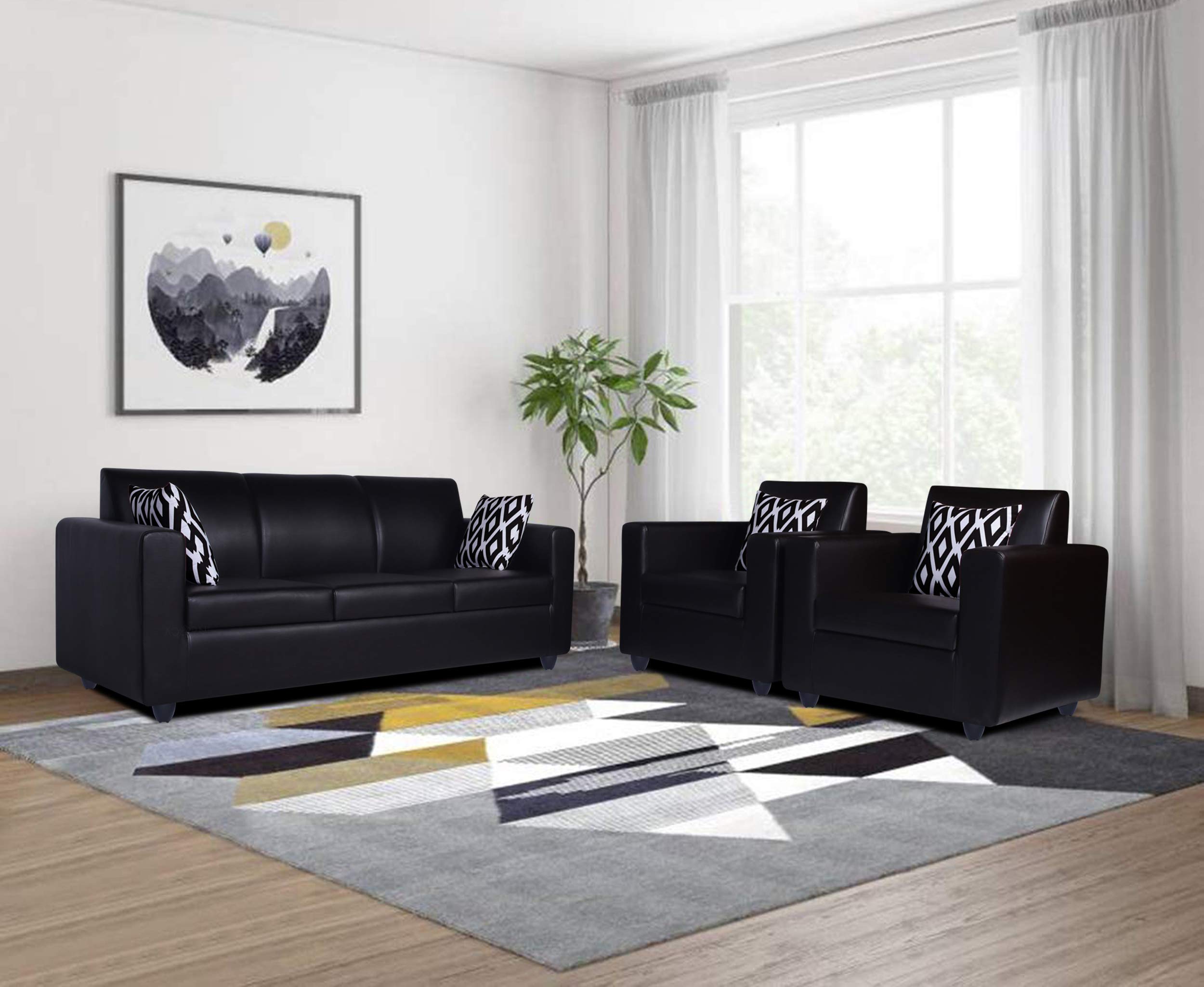 Adorn India Monteno Leatherette 3+1+1 5 Seater Sofa Set (Black) (3 Year Warranty)